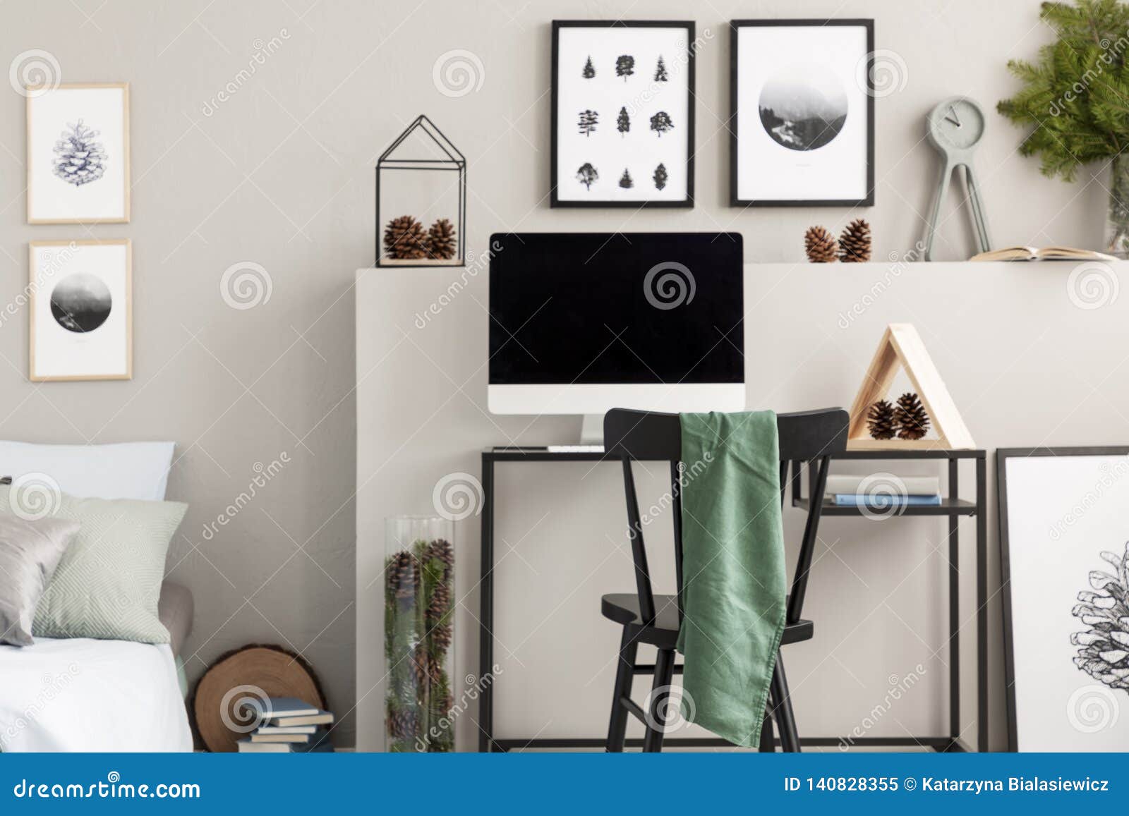 Cones On Shelf Above Desk With All In One Computer And
