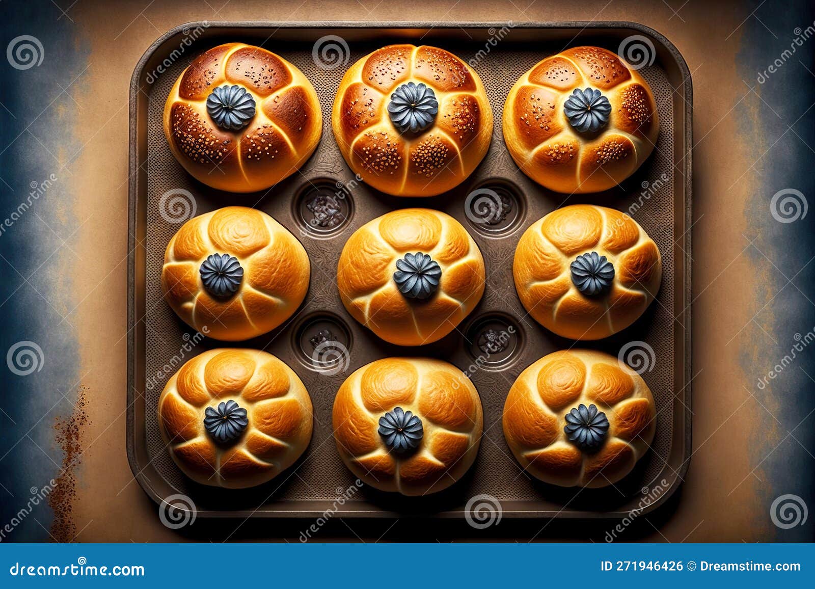 Confectionery Buns for Breakfast Baked Bread on Baking Sheet Stock