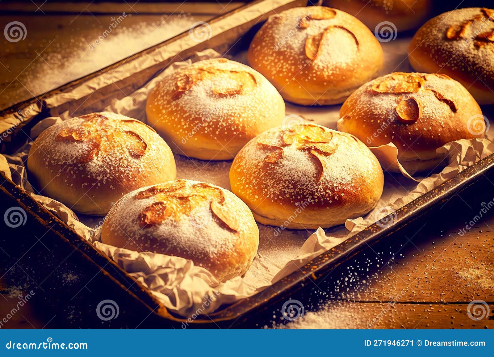 Confectionery Cereal Buns Baked Bread on Baking Sheet Stock