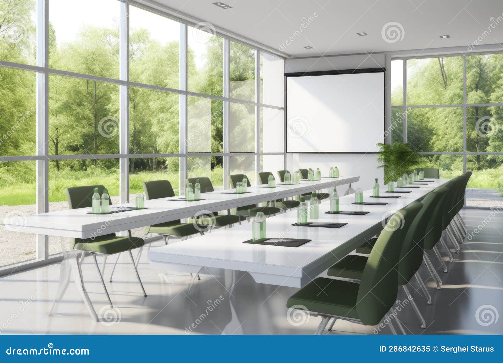 A Conference Room with Green Chairs and a Projector Screen. Generative