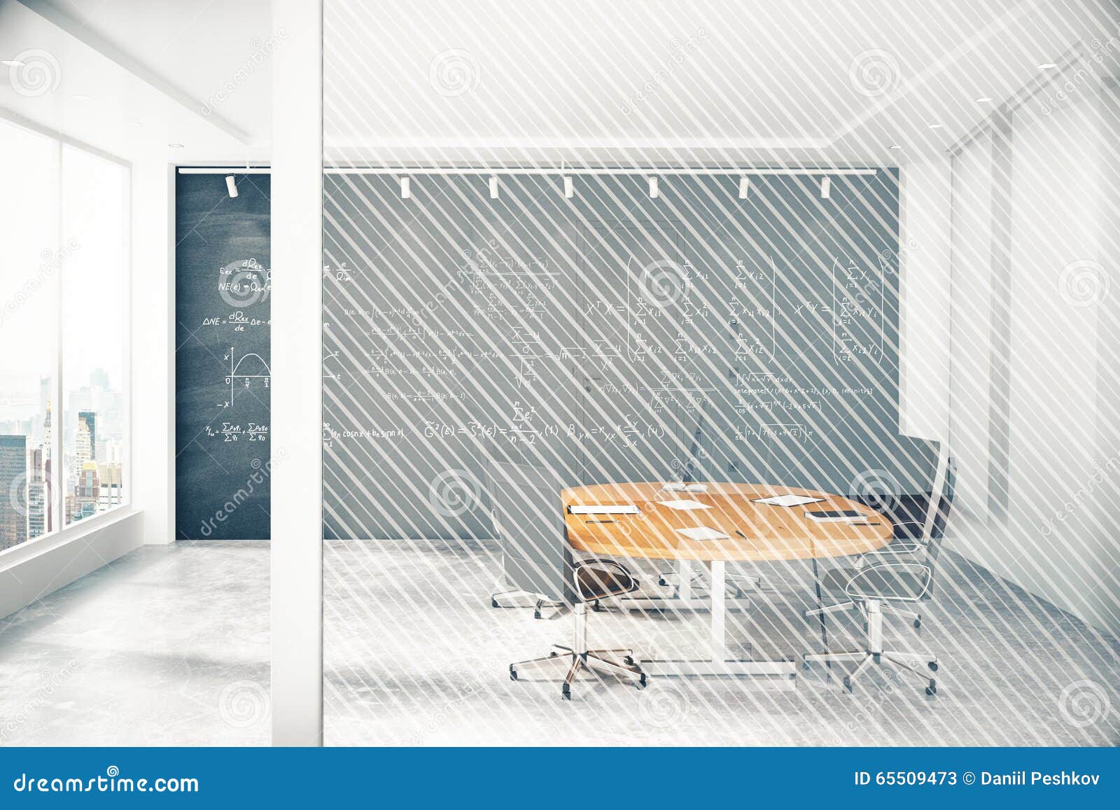 Conference Room with Window, Blackboard and Glass Wall with Copy Stock