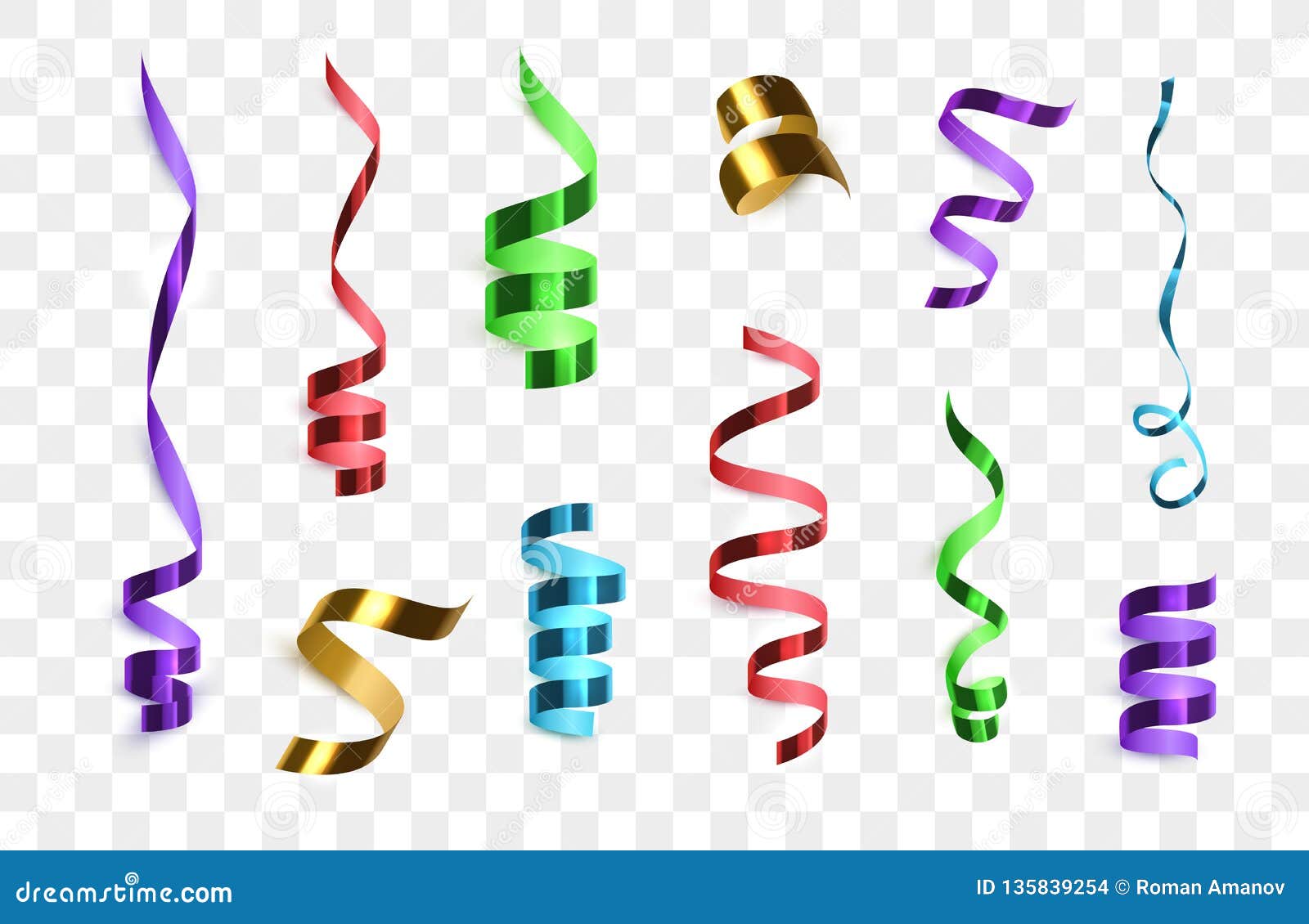 Confetti Isolated. Golden, Red, Green, Blue and Purple Streamer Ribbons Isolated. Stock Vector