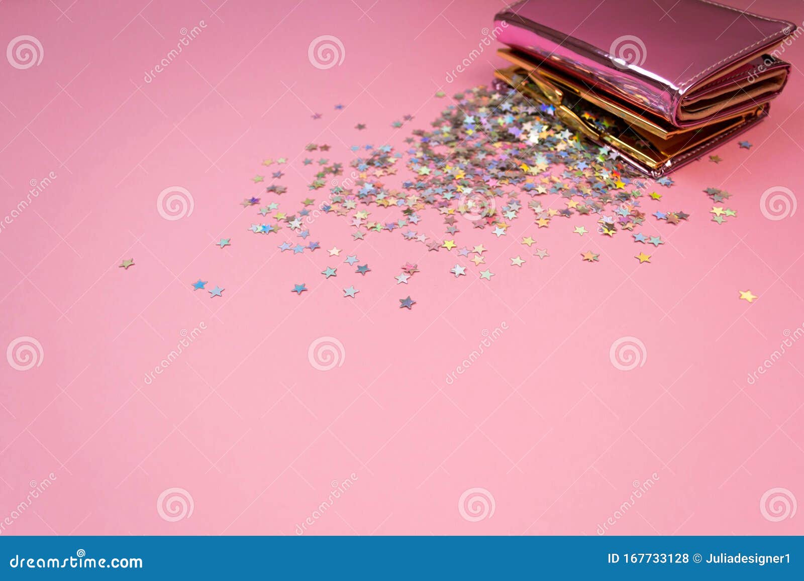 Confetti Stars And Rose Gold Purse On Soft Pink Background With Copy Space Stock Photo Image Of Flat Holiday