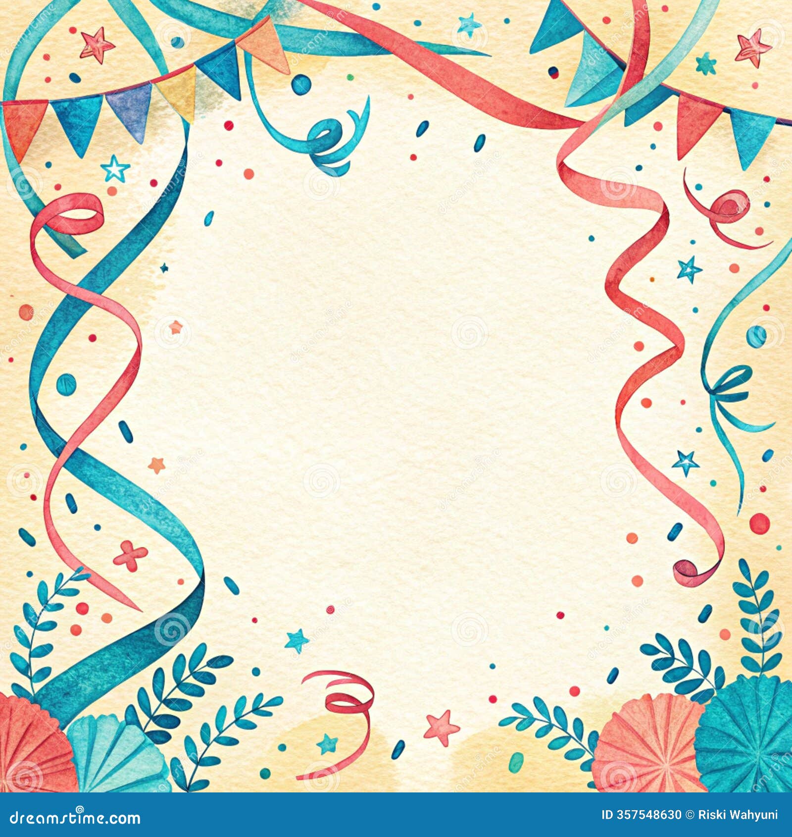 confetti and streamers border with paper texture and tropical escape palette