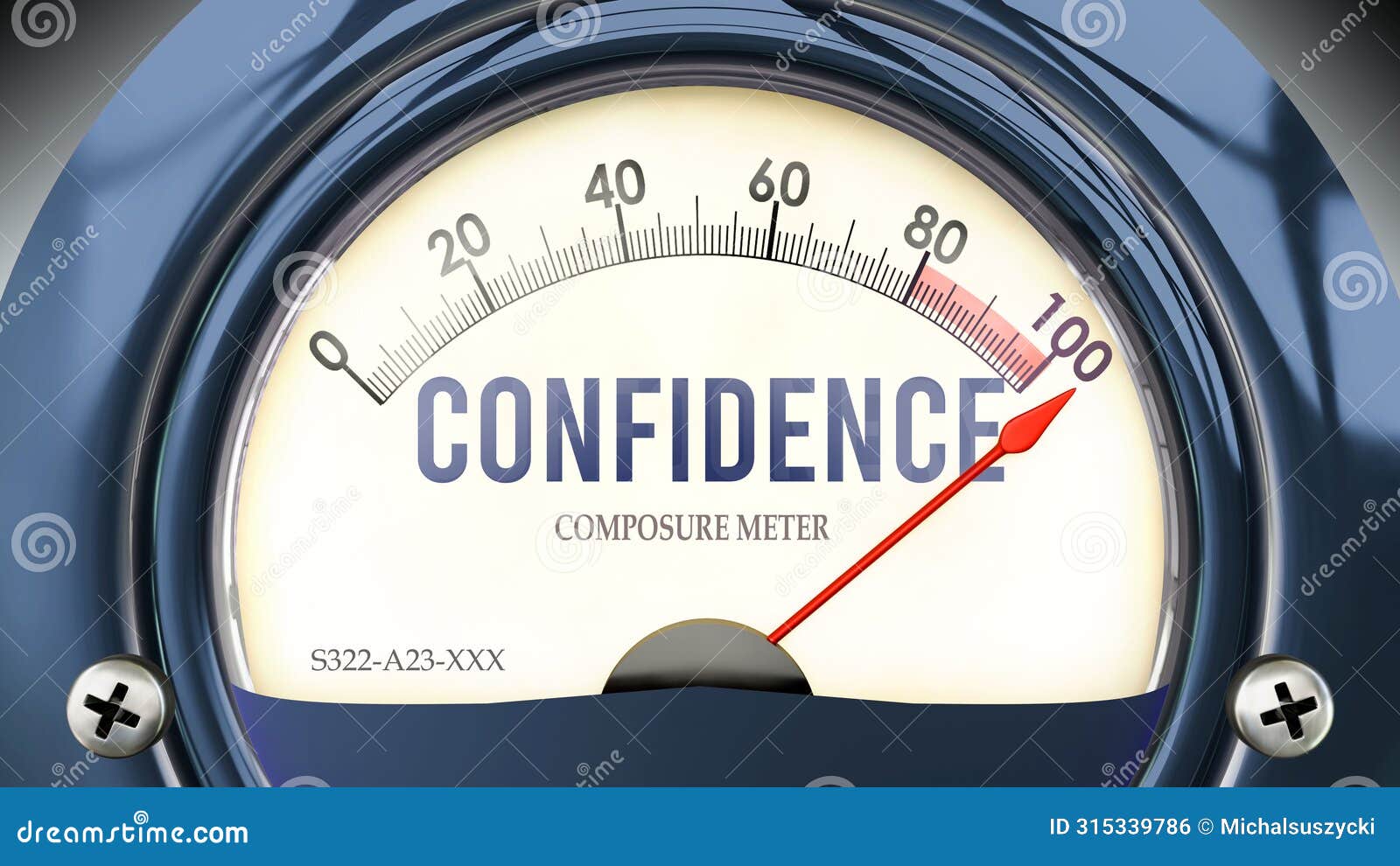 confidence and composure meter that is hitting a full scale, showing a very high level of confidence ,3d 