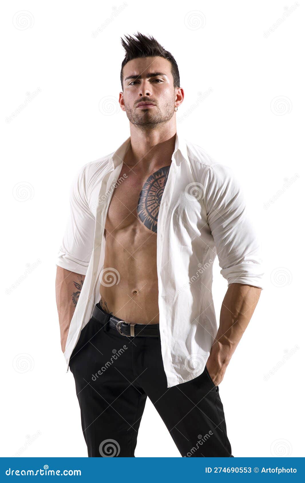 Confident, Attractive Young Man with Open Shirt on Muscular Chest