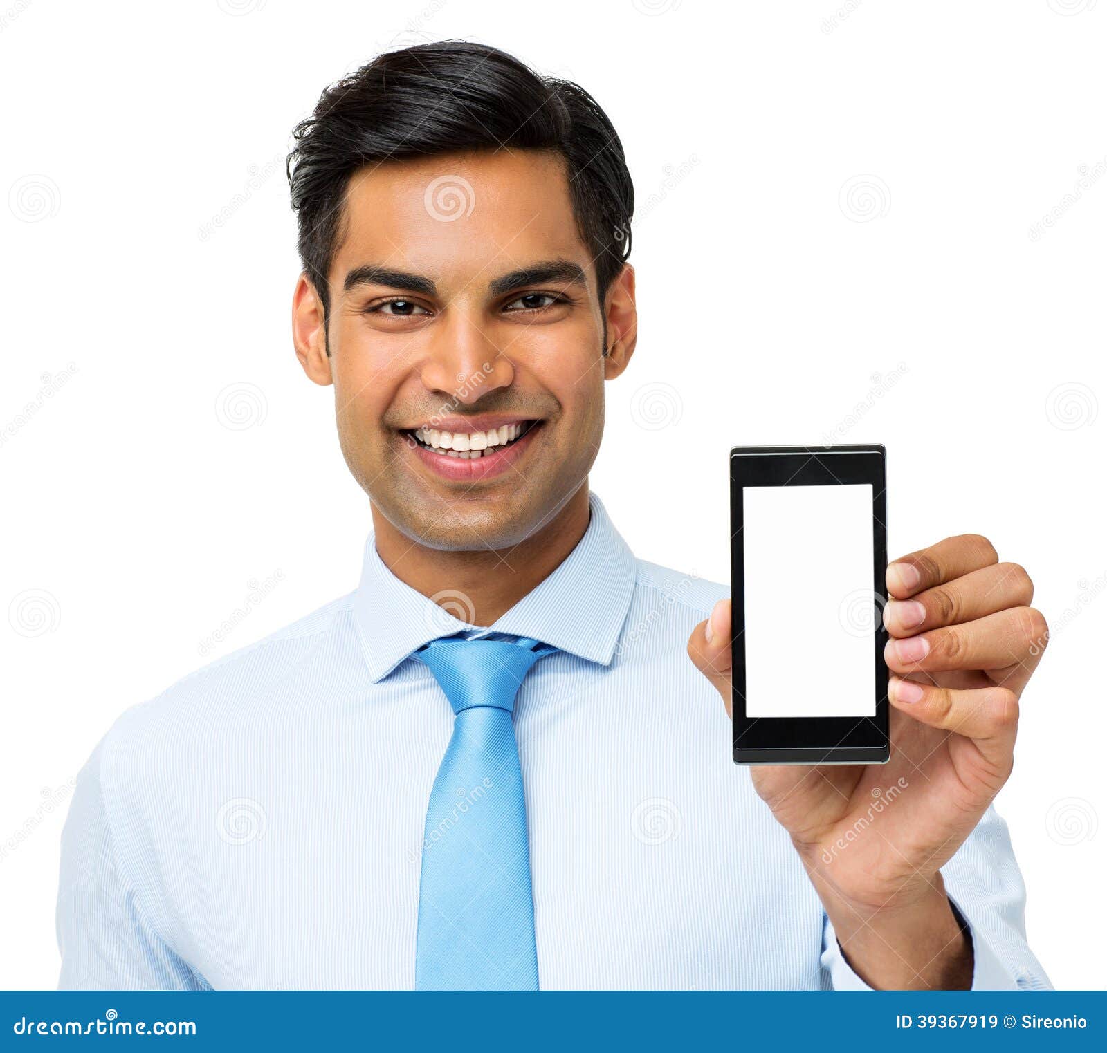 confident businessman showing smart phone