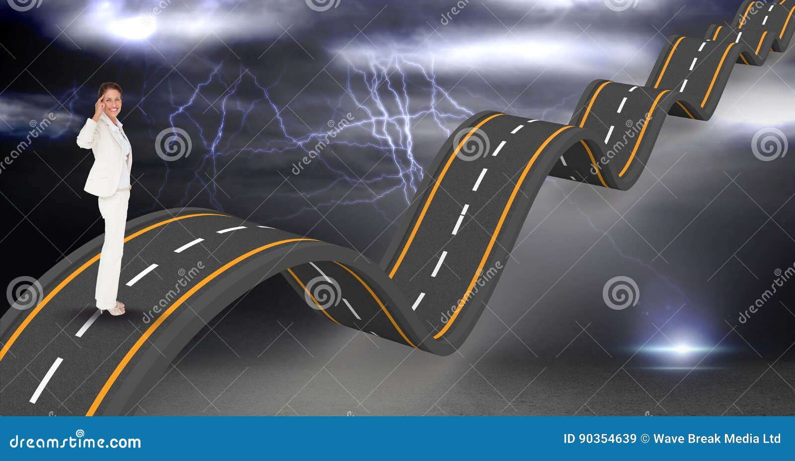confident businesswoman on wavy road during thunderstorm