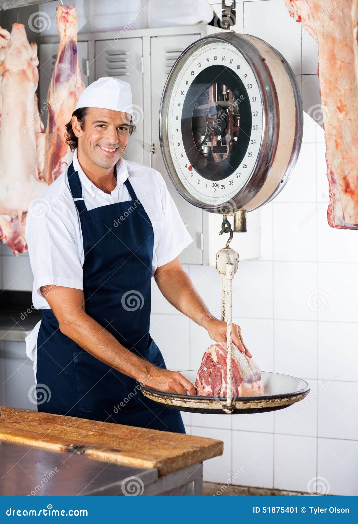 Confident Butcher Weighing Meat on Scale Stock Image - Image of meat,  mature: 51875401