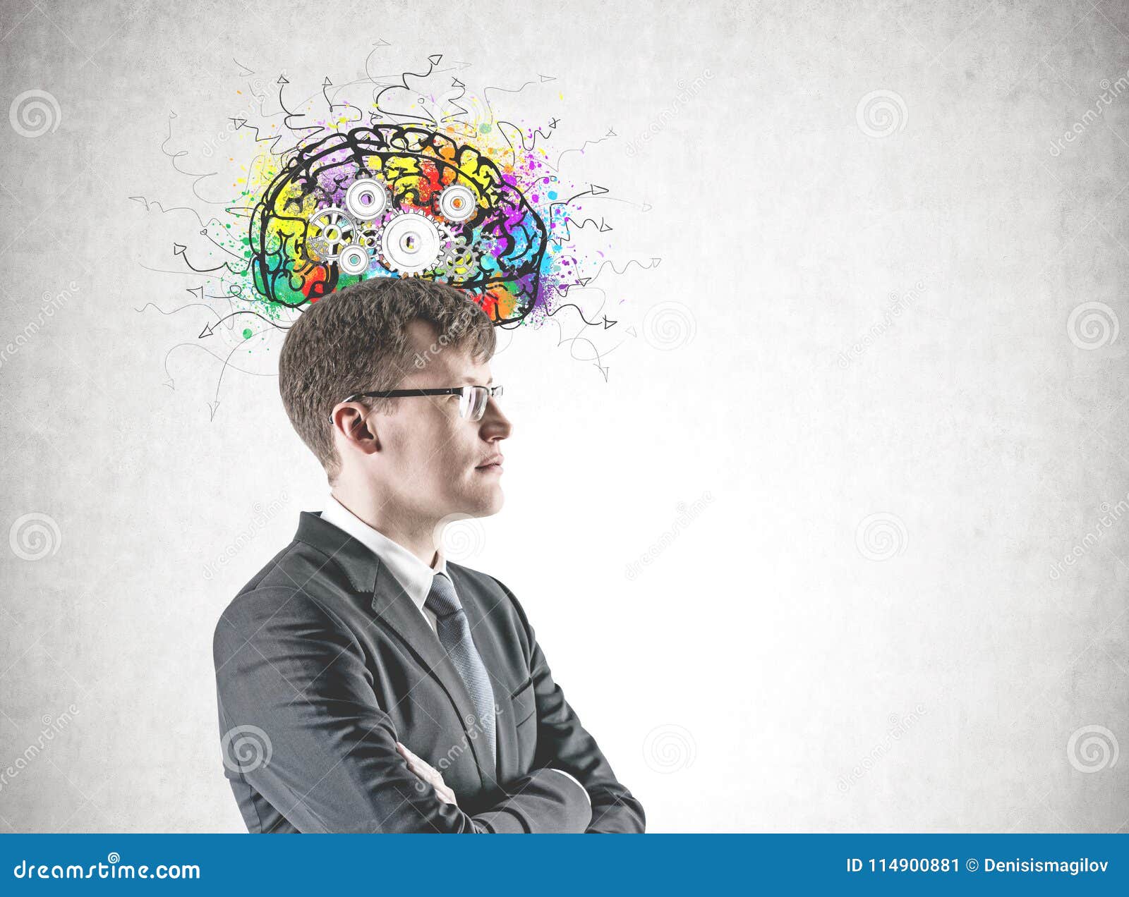 Confident Cross Armed Businessman, Cog Brain Stock Image - Image of ...