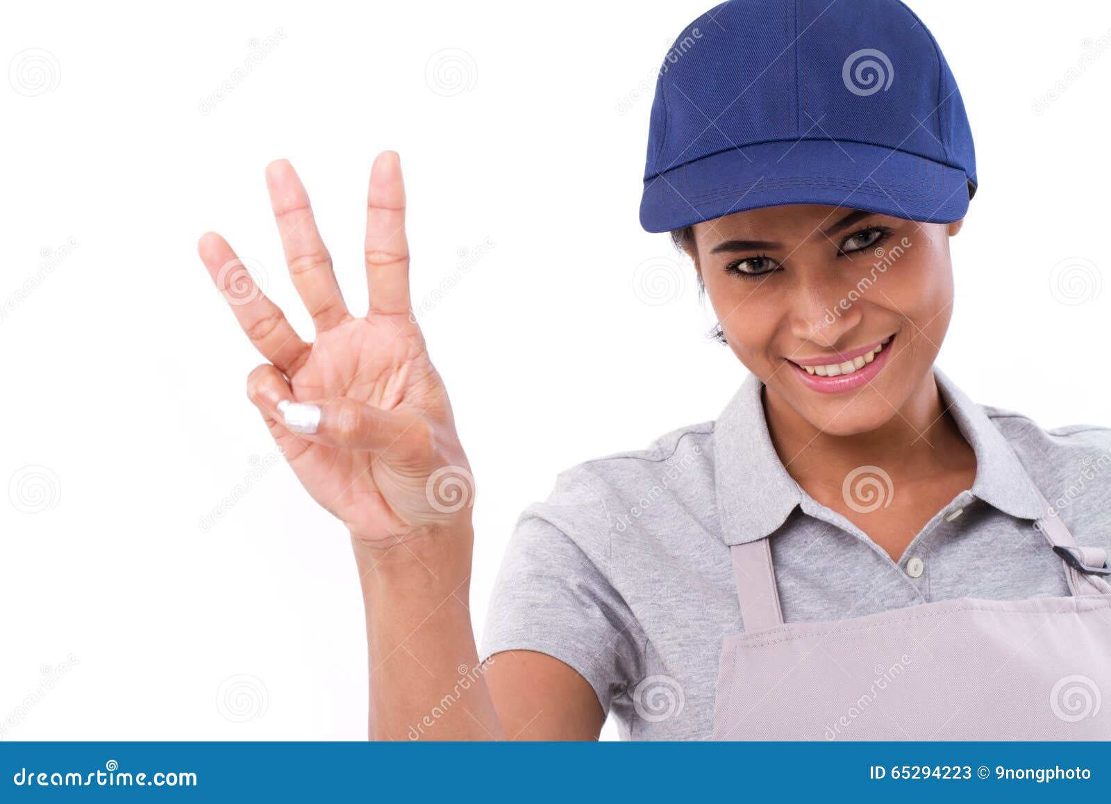 confident female worker raising, pointing up 3 fingers gesture