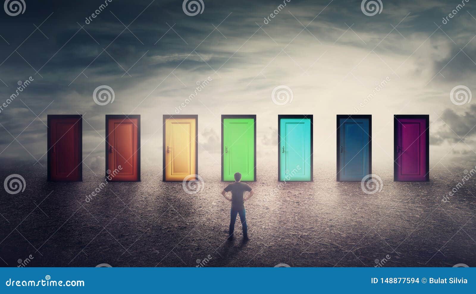 confident guy in front of many doors different colored has to choose one