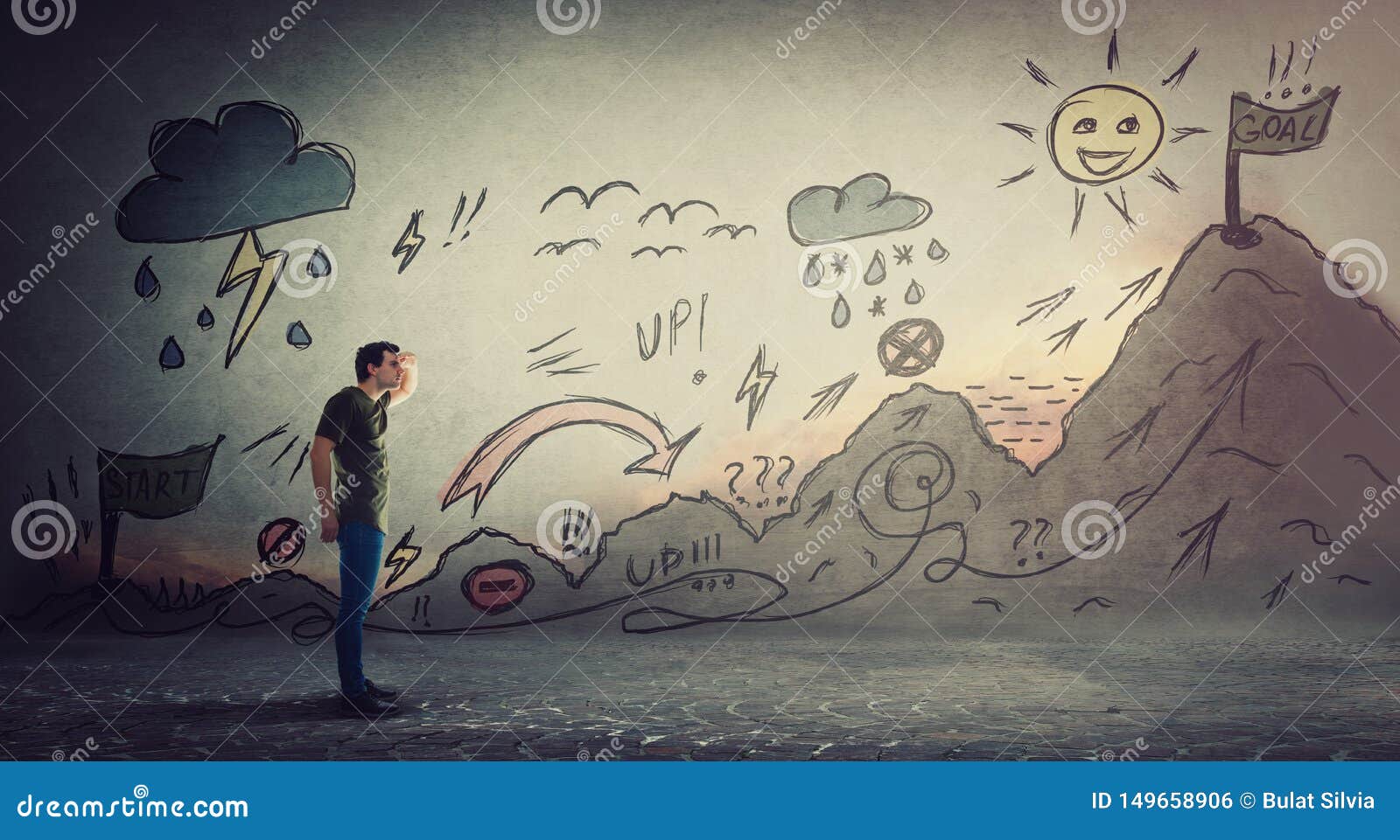 confident guy starting a life quest with obstacles drawn on wall. self overcome imaginary mountain, climbing ups and downs for