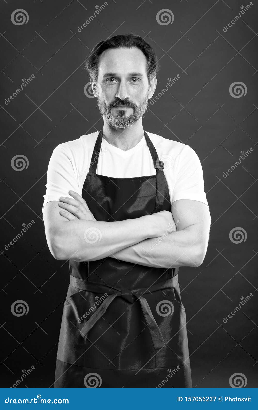 Confident In His Culinary Craft Cook With Beard And Mustache Wearing Apron Red Background Man 