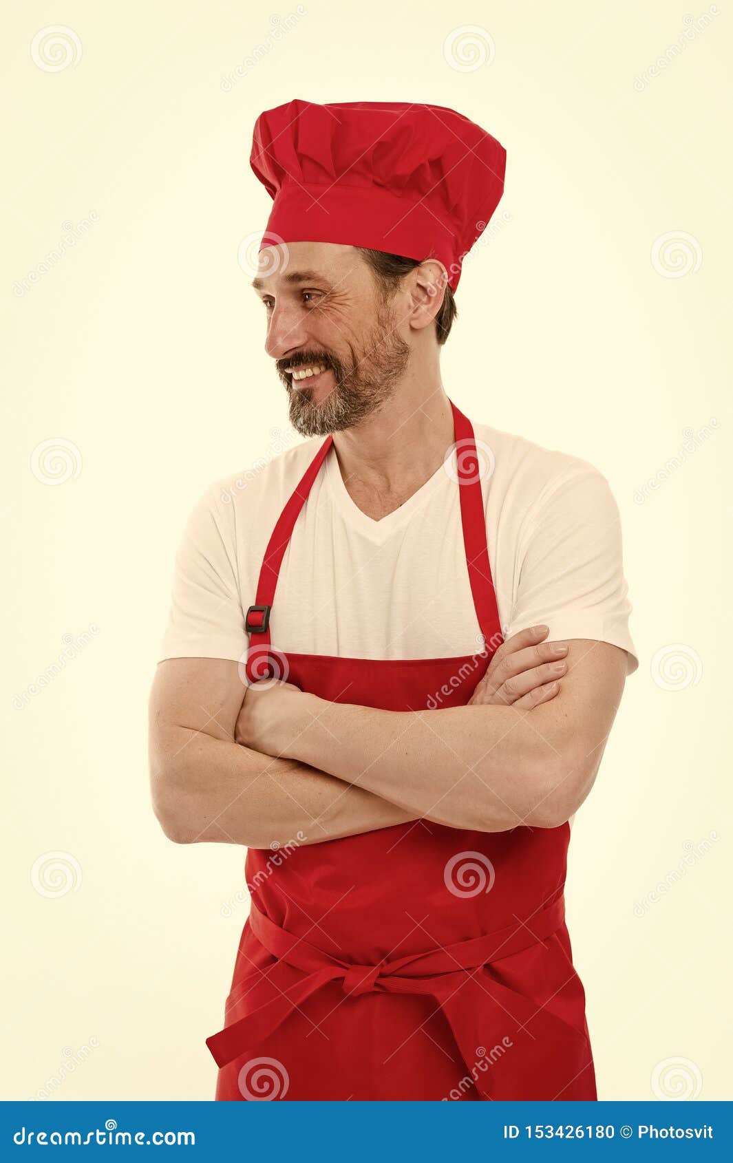 Confident In His Culinary Skills Senior Cook With Beard And Moustache Wearing Bib Apron Stock 