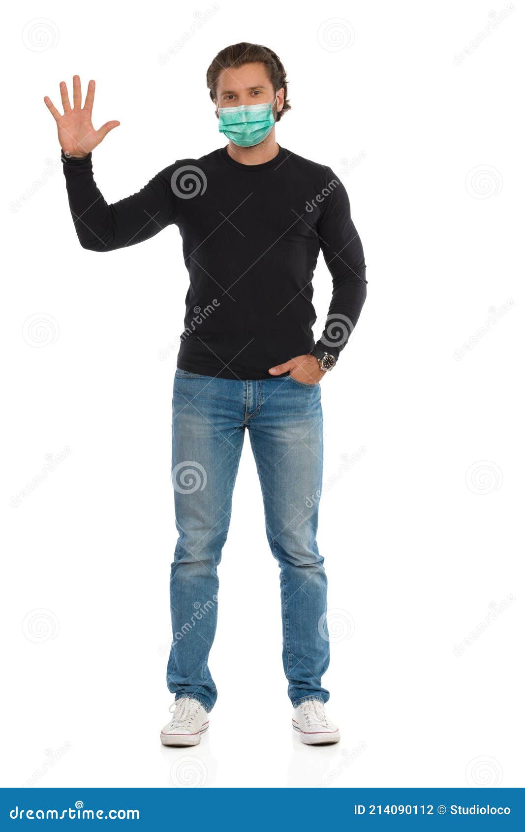 Confident Man is Standing and Showing Open Hand with Five Fingers Stock ...