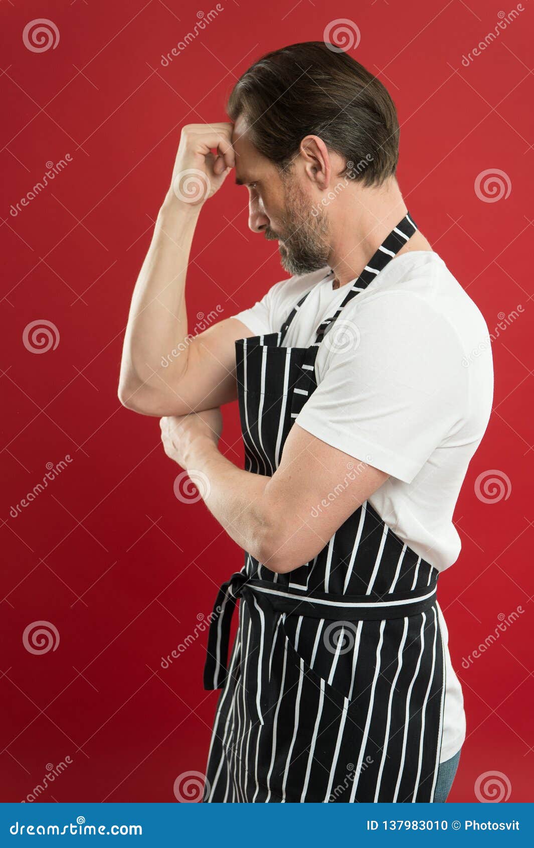 Confident Mature Handsome Man In Apron Red Background He Might Be Baker Gardener Chef Or 