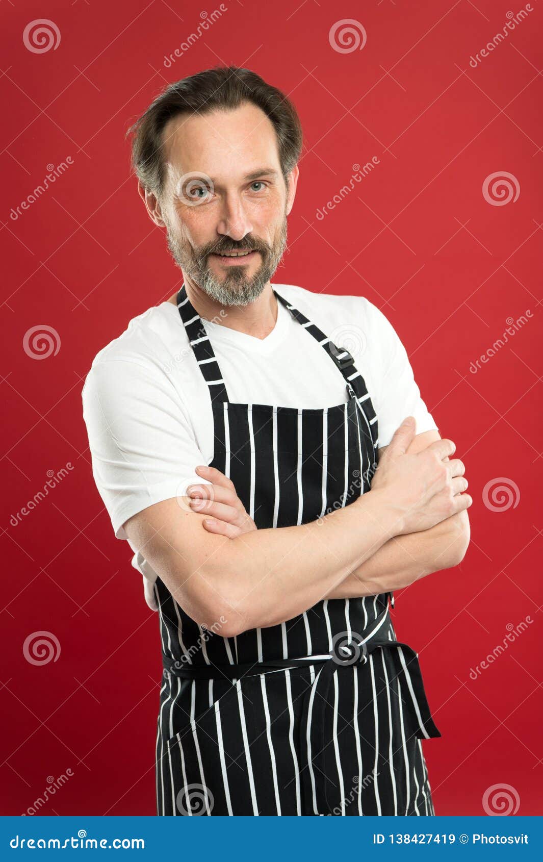 Confident Mature Handsome Man In Apron Red Background He Might Be Baker Gardener Chef Or 