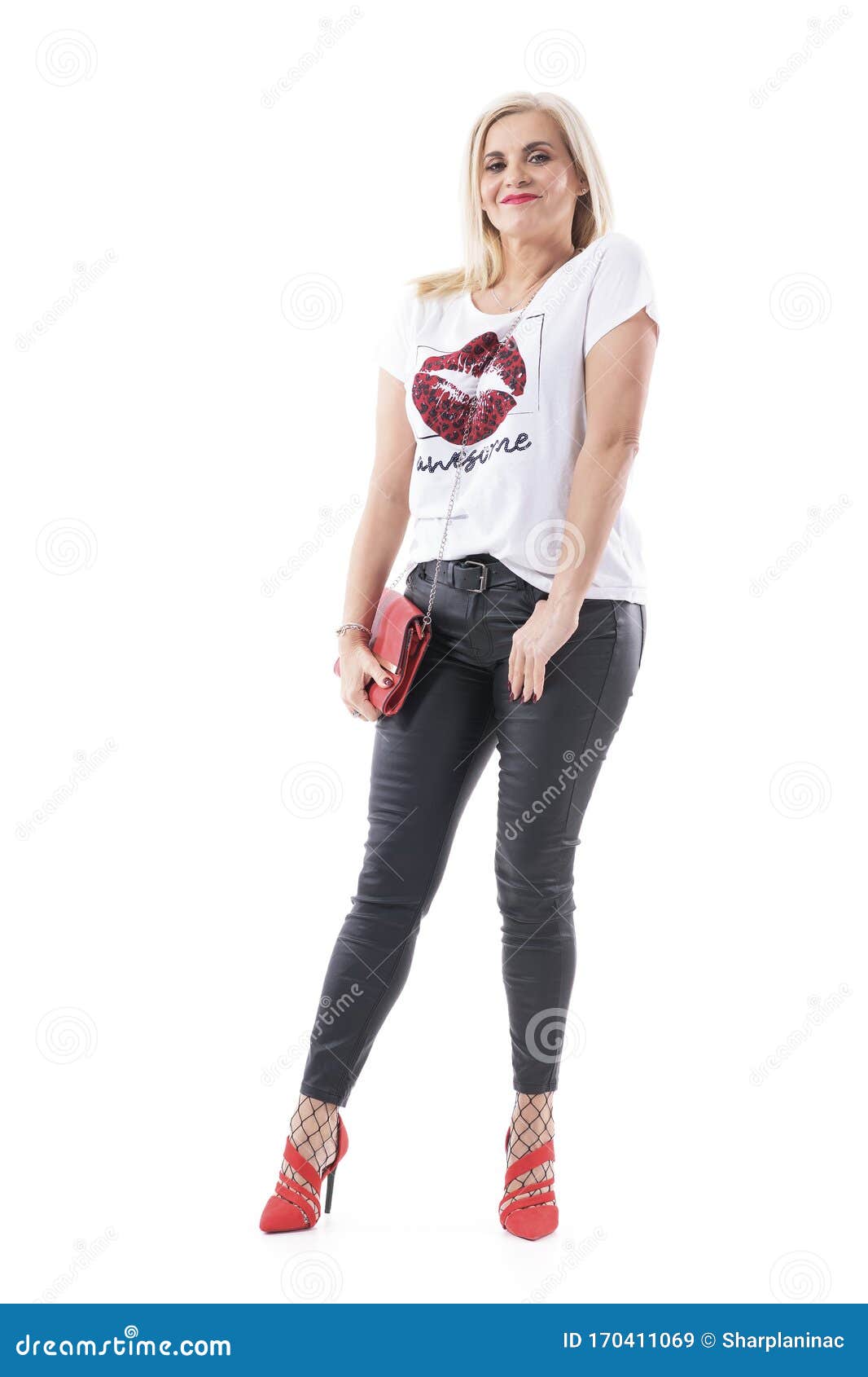 Confident Modern Style Middle Age Woman in Black Leather T-shirt and Red Shoes Stock Image - Image of blond, female: 170411069