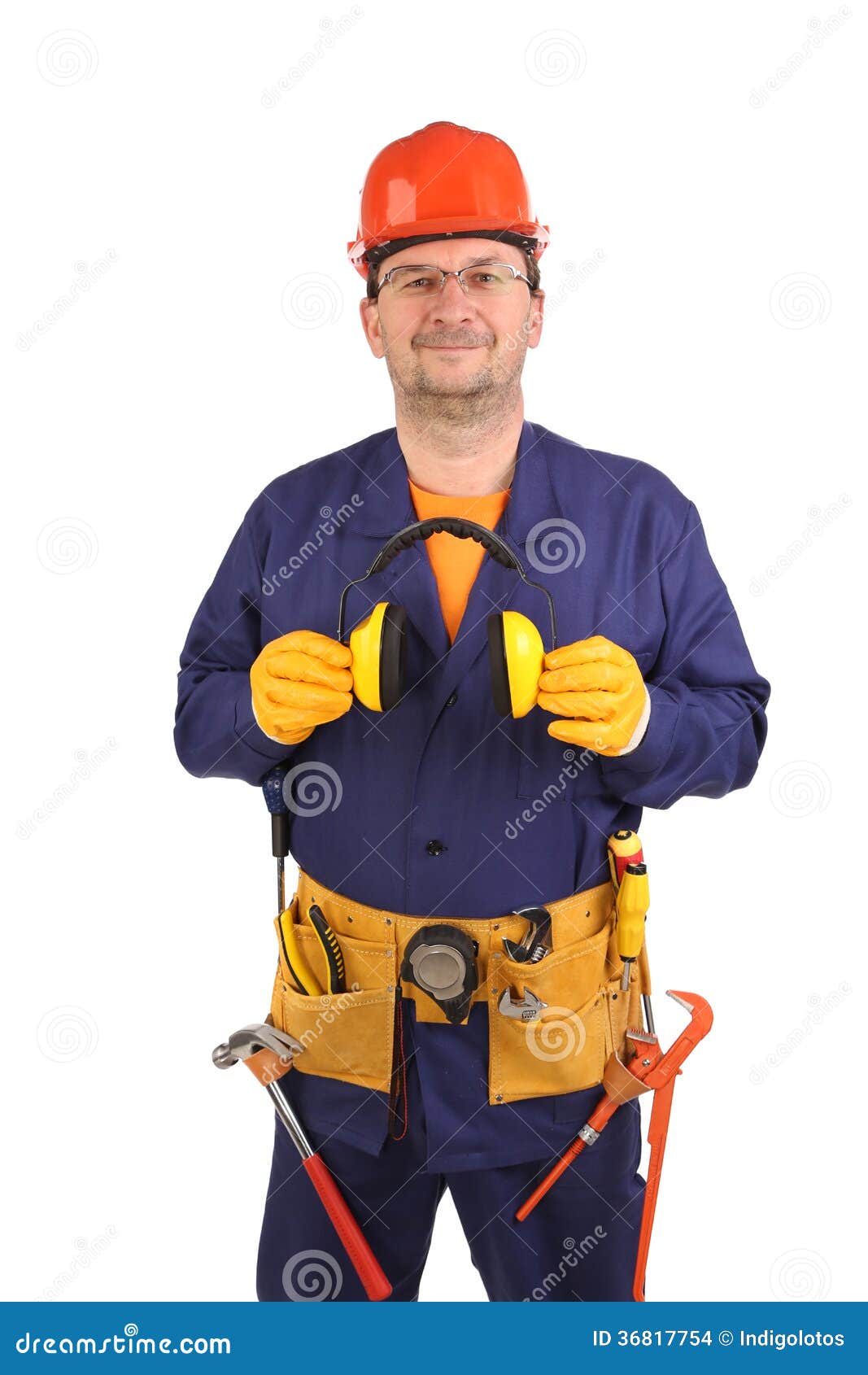 Confident Worker in Ear Muffs and Glasses. Stock Photo Image of