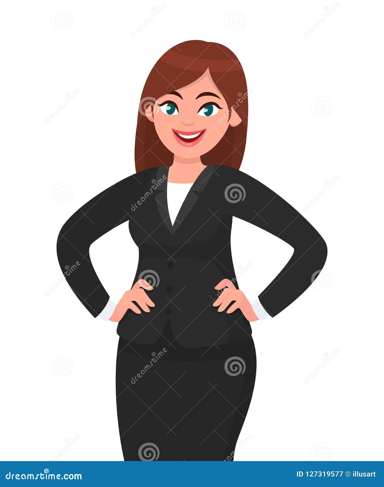 confident young businesswoman in black formal suit holding hands on hips and smiling while standing  white background.