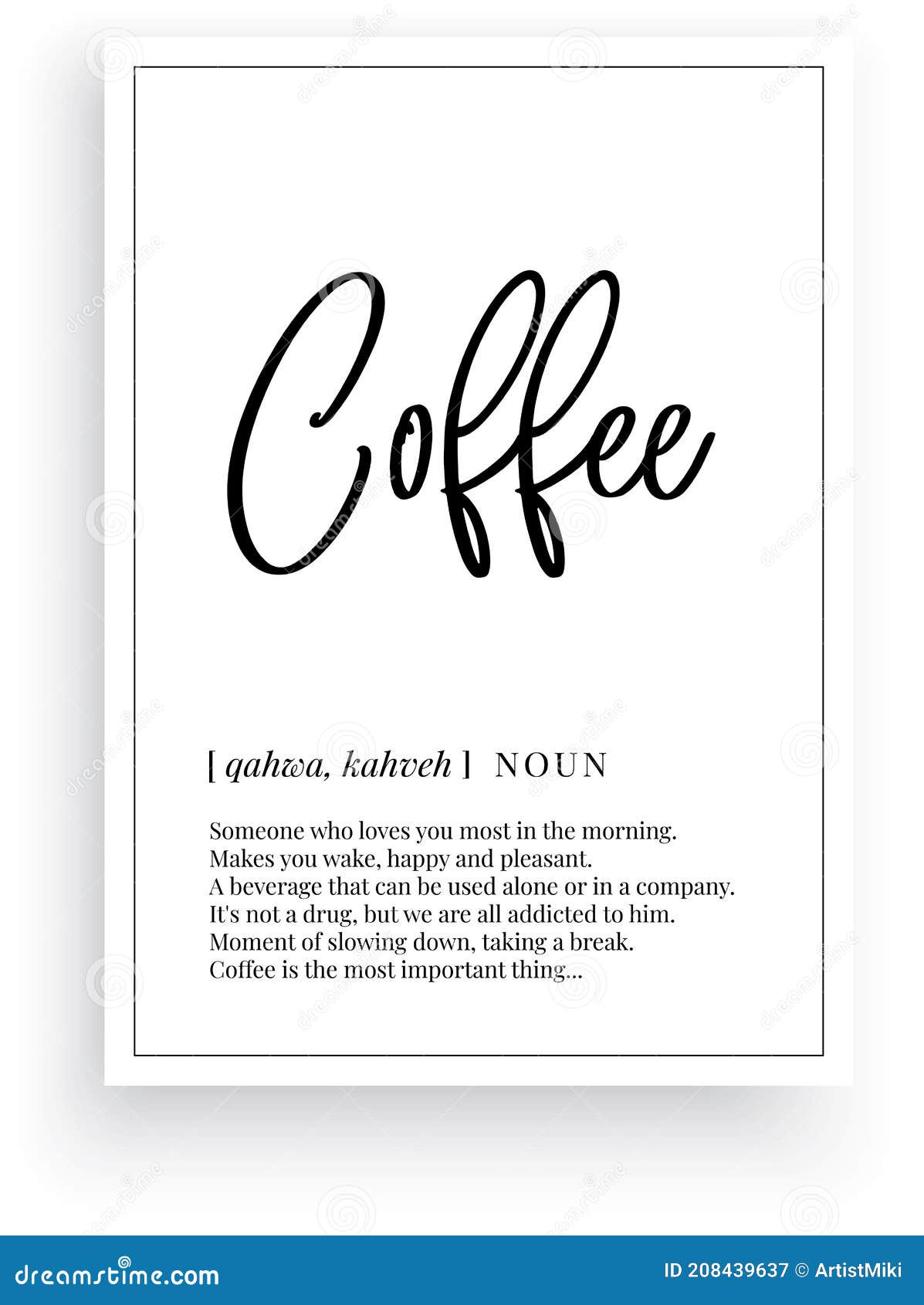 Coffee Definition, Vector. Minimalist Poster Design. Wall Decals, Coffee Noun Description Stock