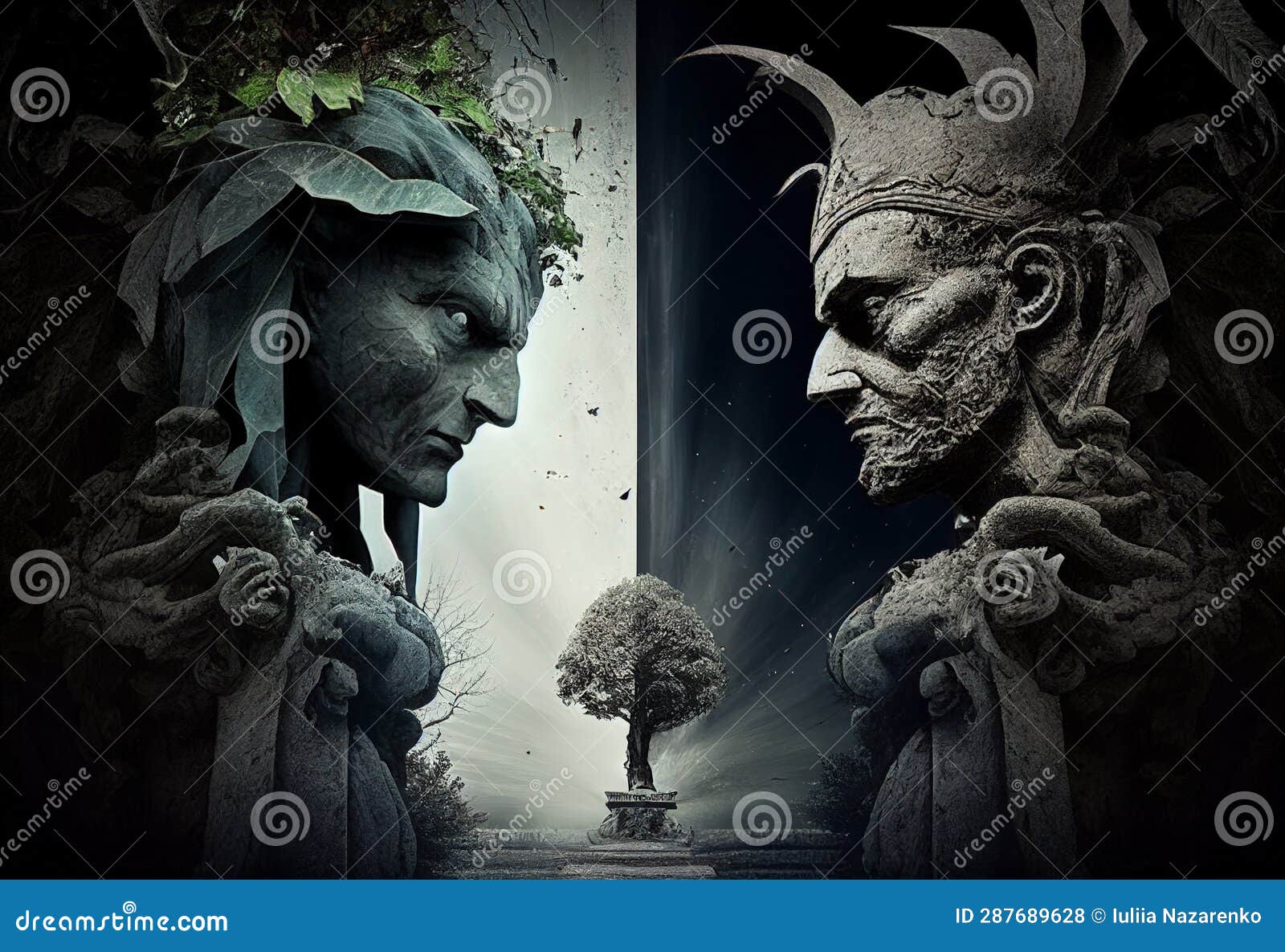 A Confrontation between Two Titans of Good and Evil. AI Generated Stock