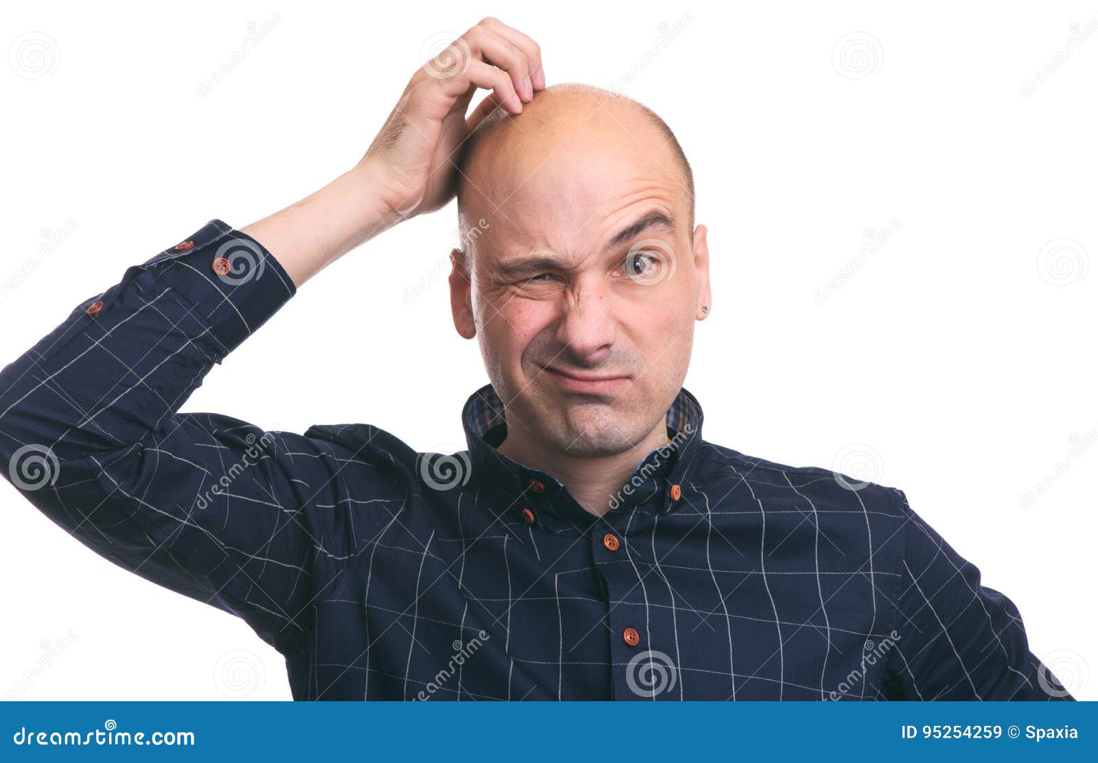 confused bald guy scratch his head