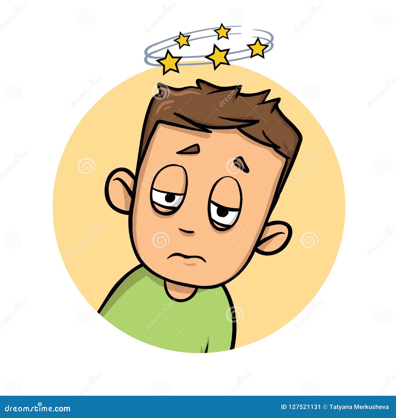 confused boy seeing spinning stars. loss of consciousness flat  icon. flat  .  on white