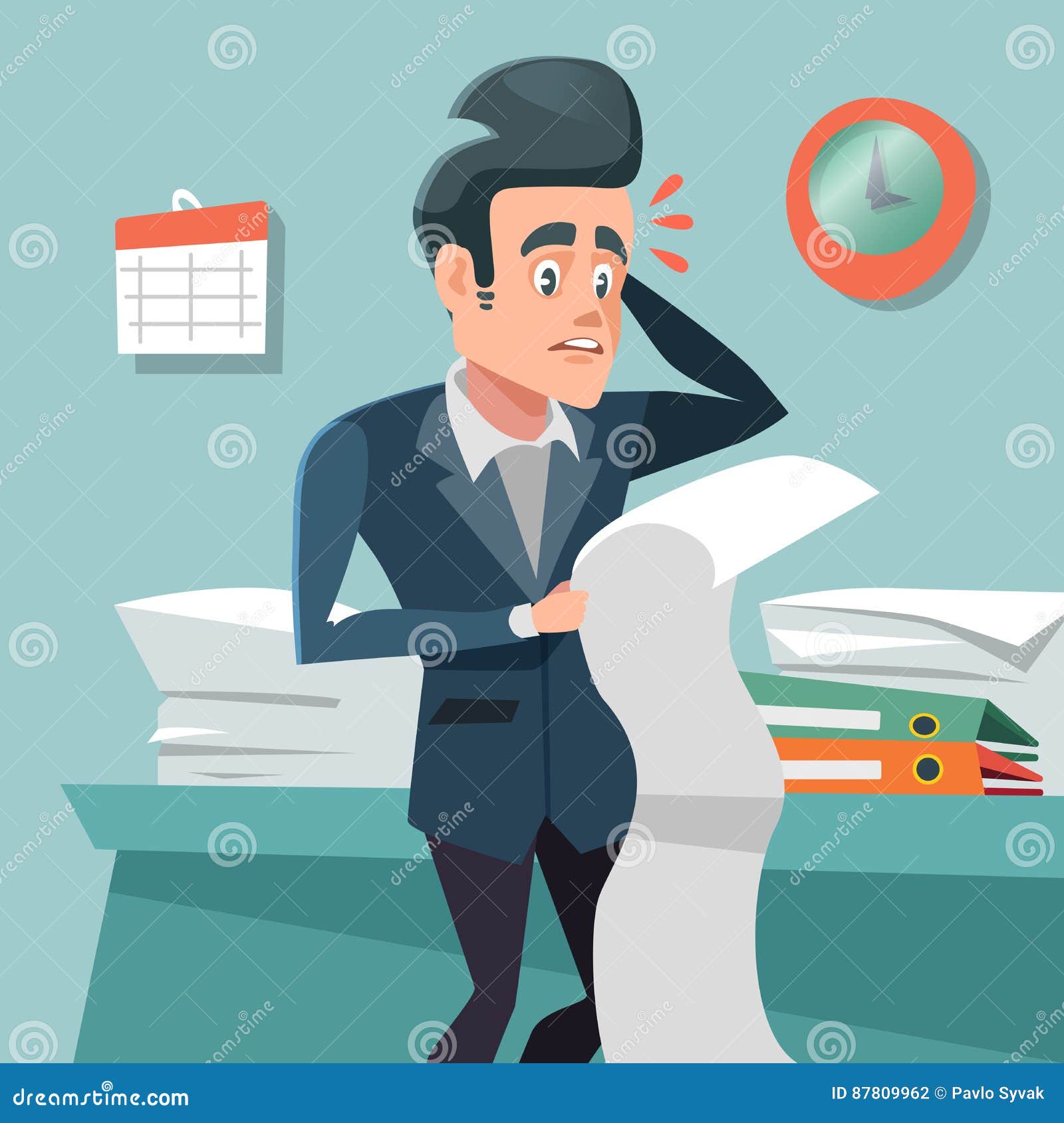 Confused Businessman with Long To Do List. Overtime at Work. Vector illustration