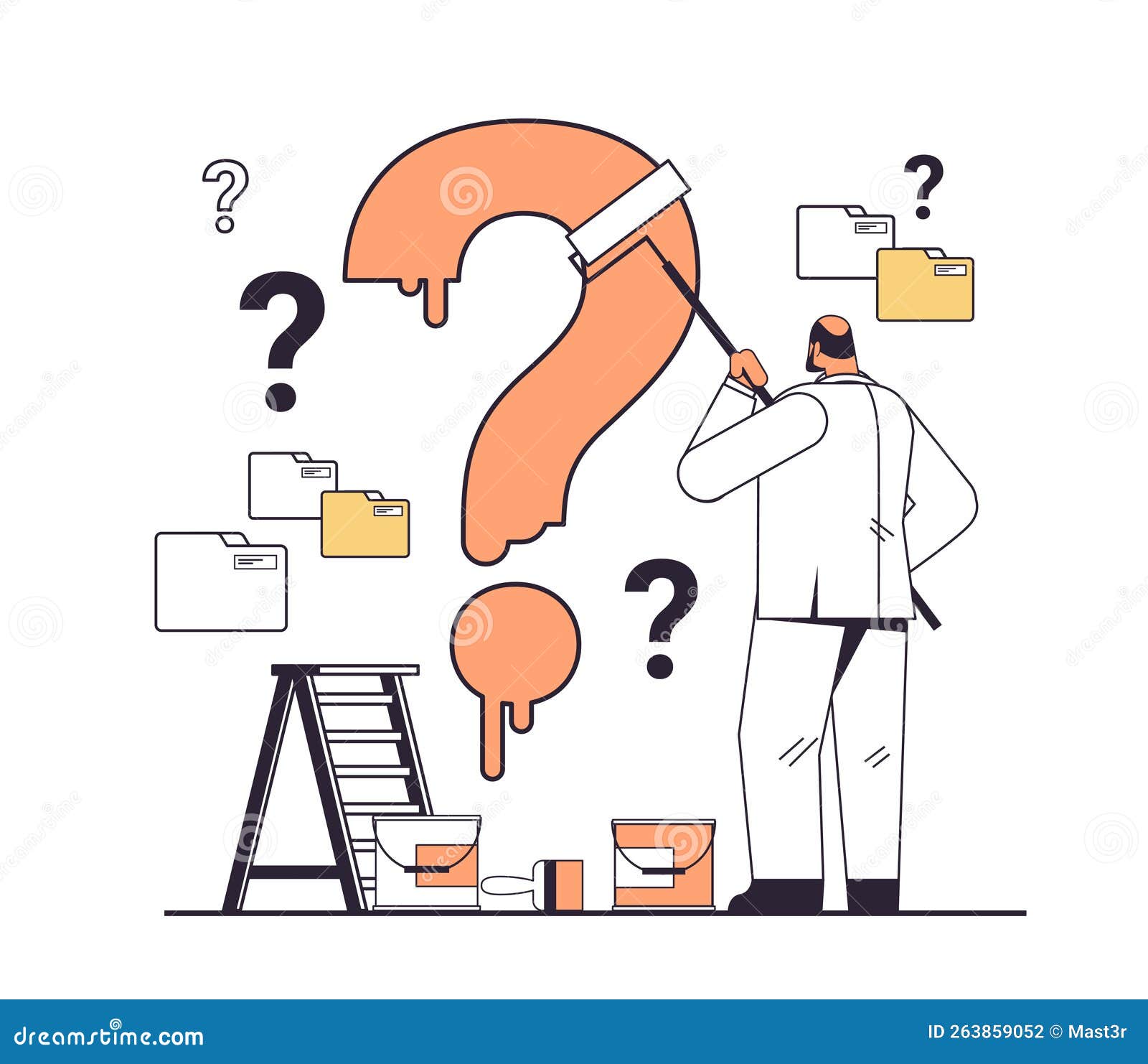 Confused Businessman Painting Question Mark on Wall Frustration Problem