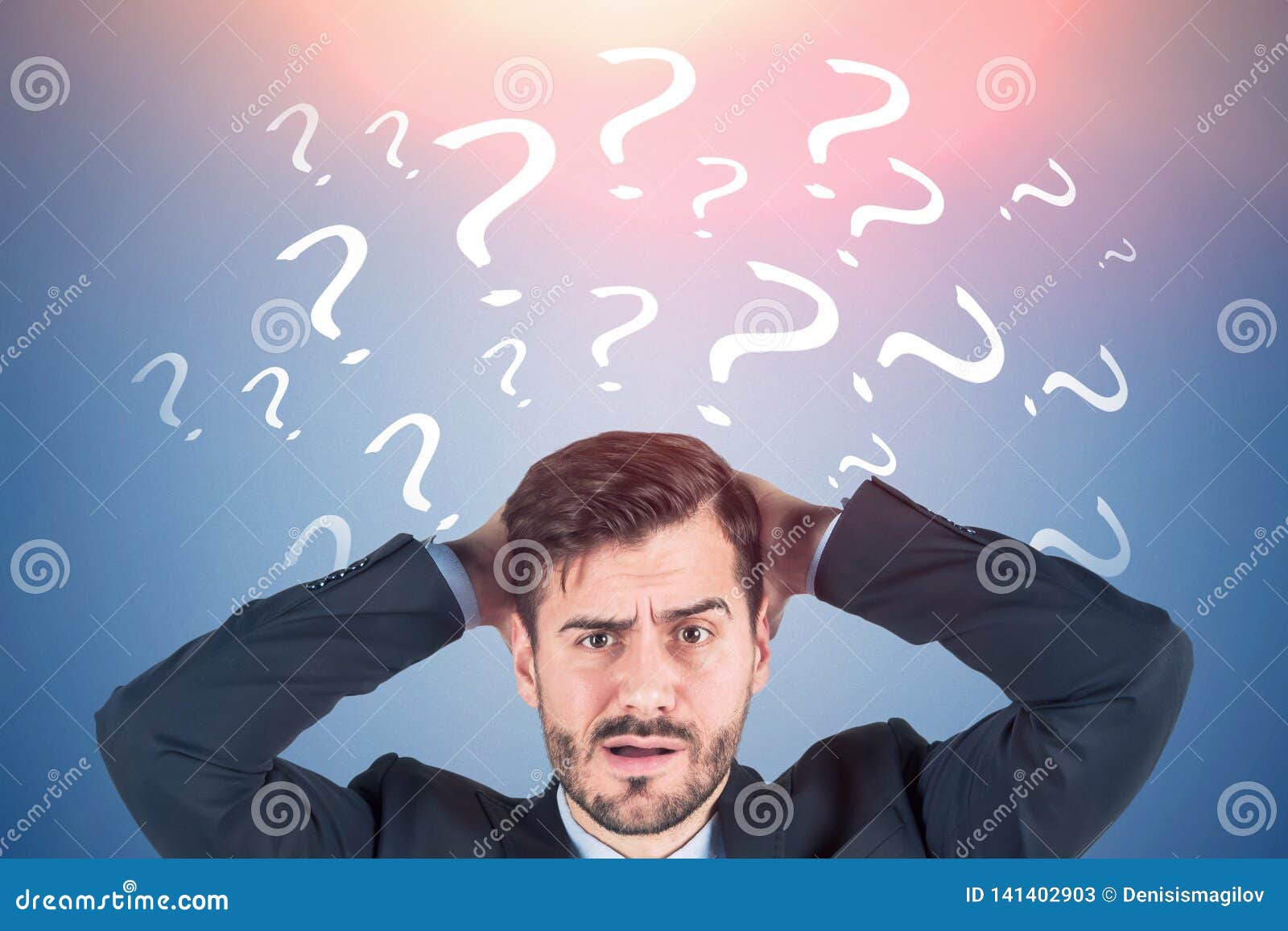 Confused Businessman, Question Marks Blue Stock Image - Image of ...