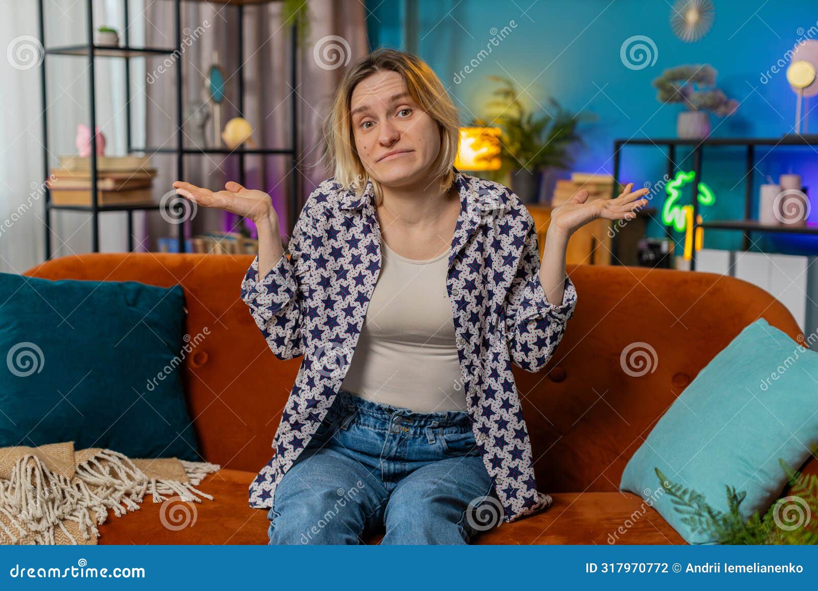 confused caucasian woman feeling embarrassed about ambiguous question having doubts no idea clueless