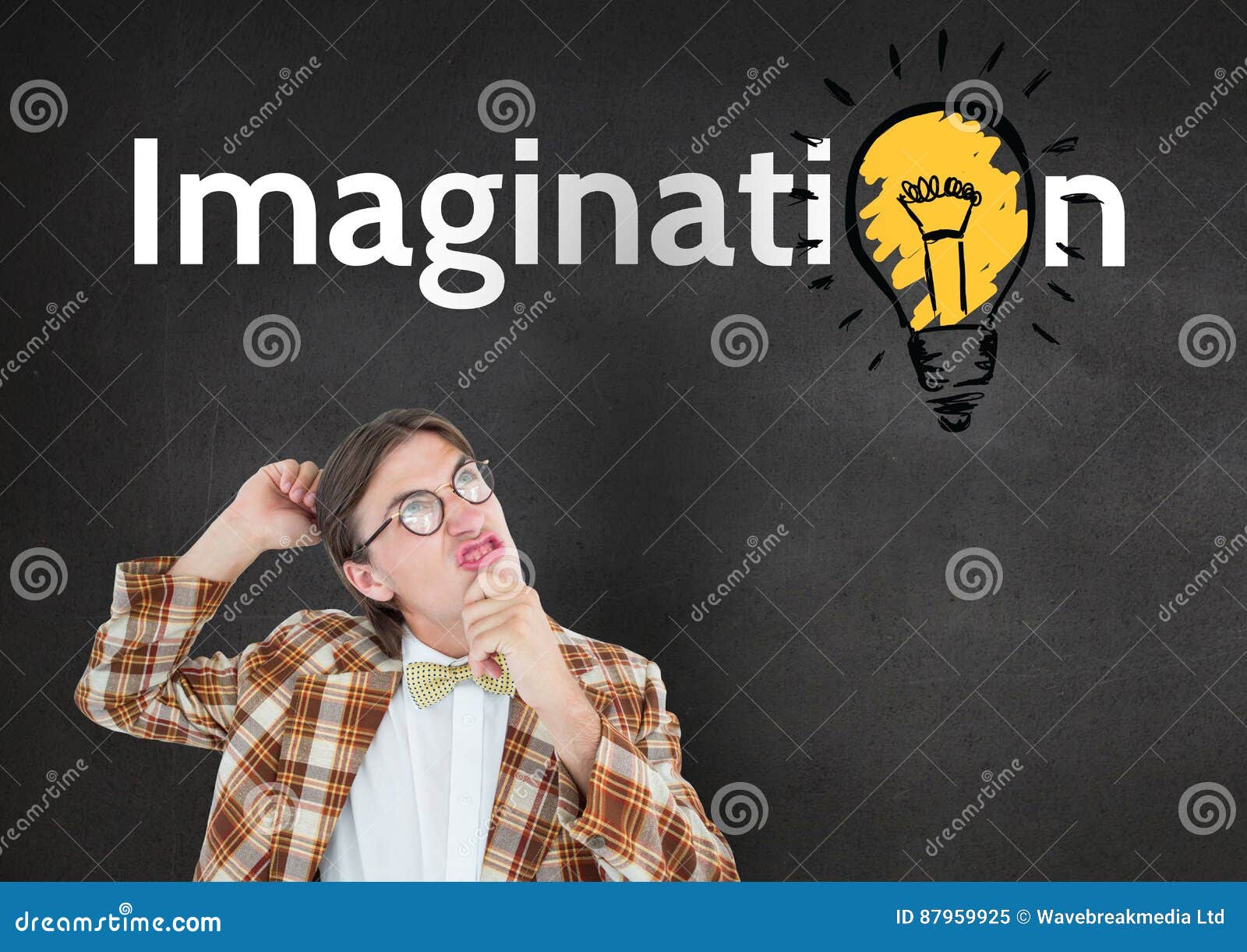 Confused Nud Man Looking At Imagination Text With Electric Bulb Stock
