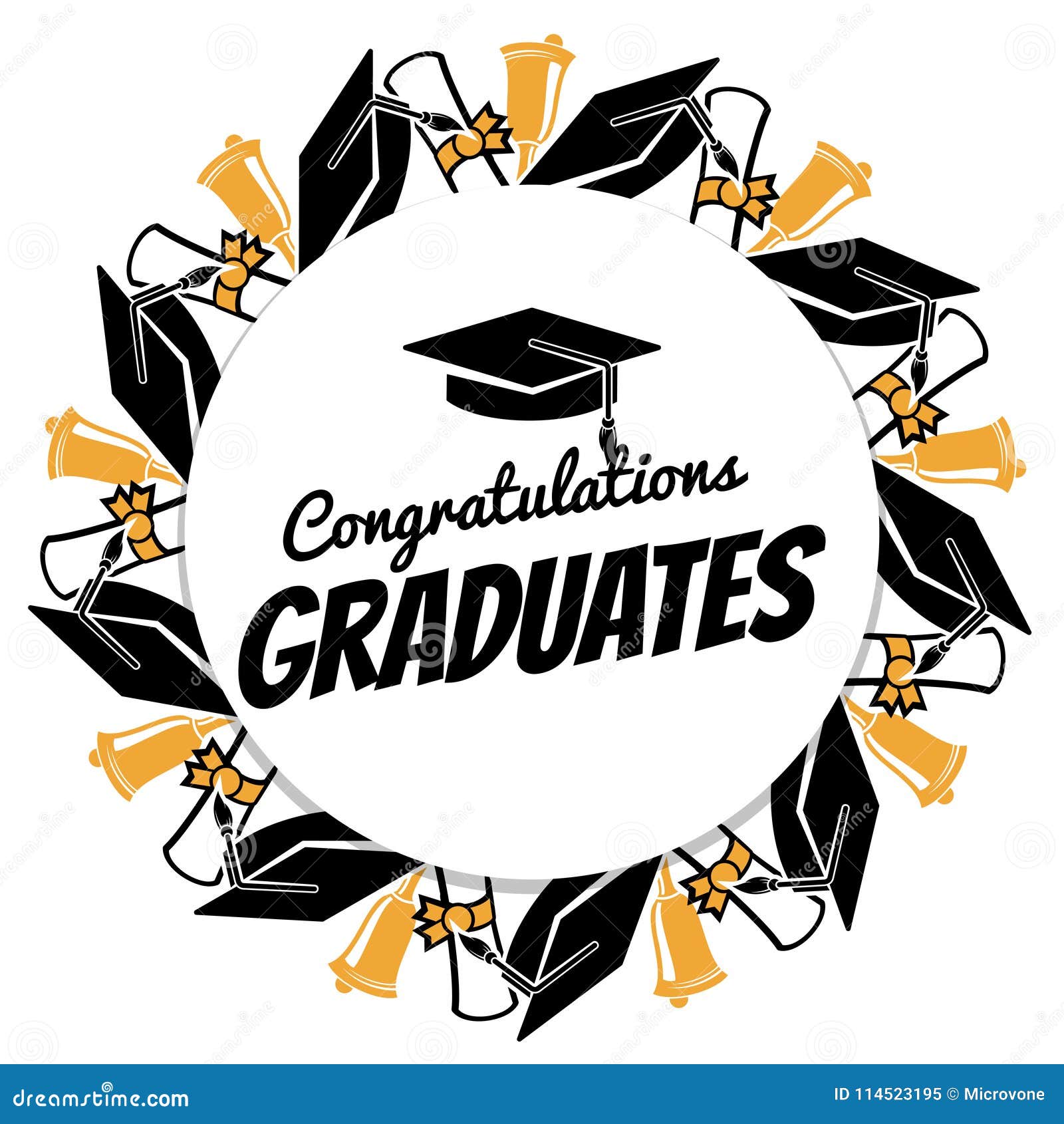 Congrats Graduates Round Banner With Students Accessorises Stock Vector