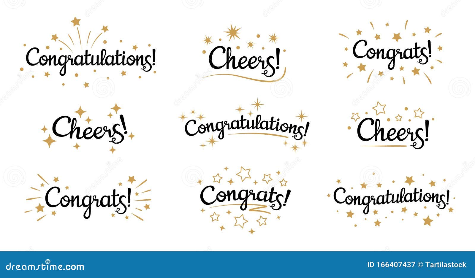 congrats lettering. congratulation text labels, cheers sign decorated with golden burst and stars and congratulations