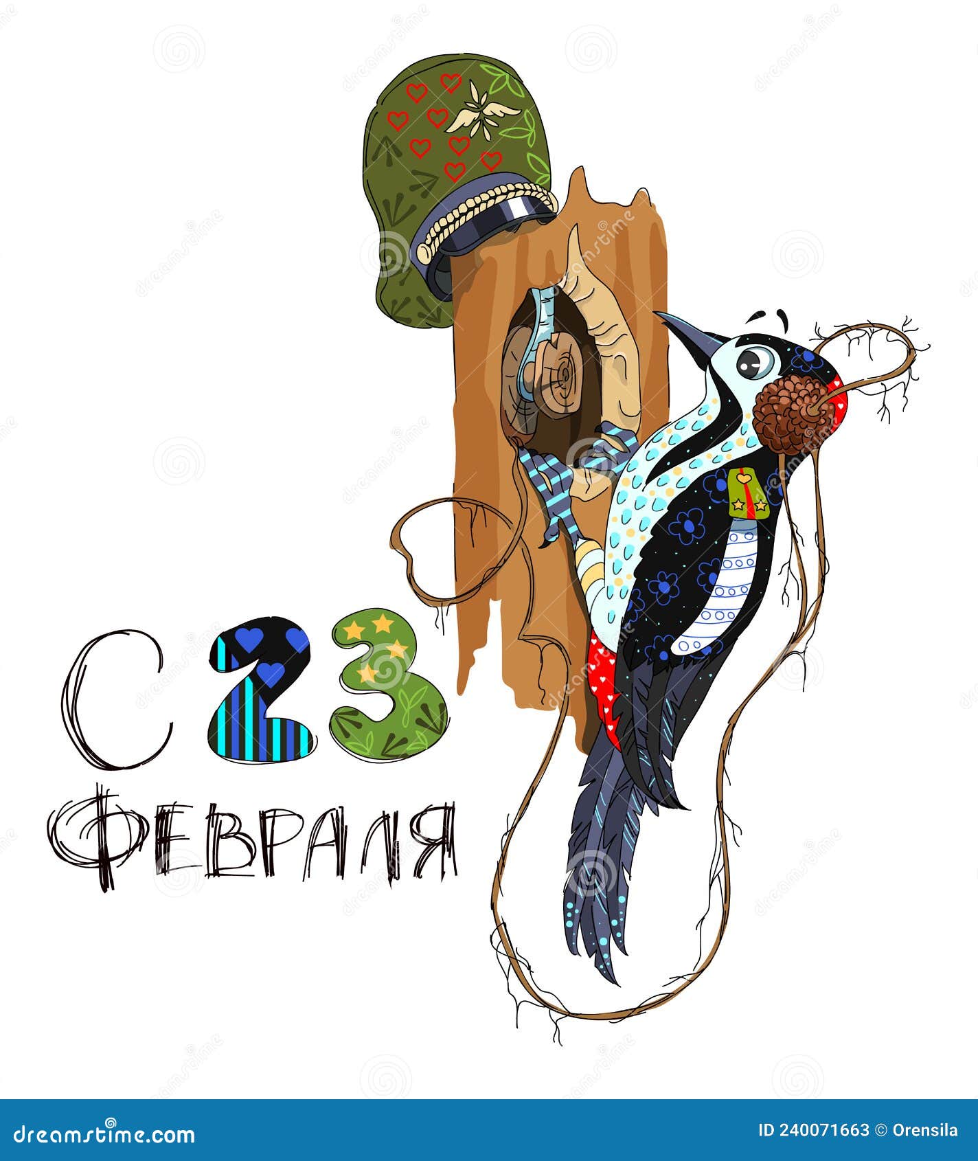 congratulations february 23 russian text greeting card template translation. bird woodpecker signal morse code transmit