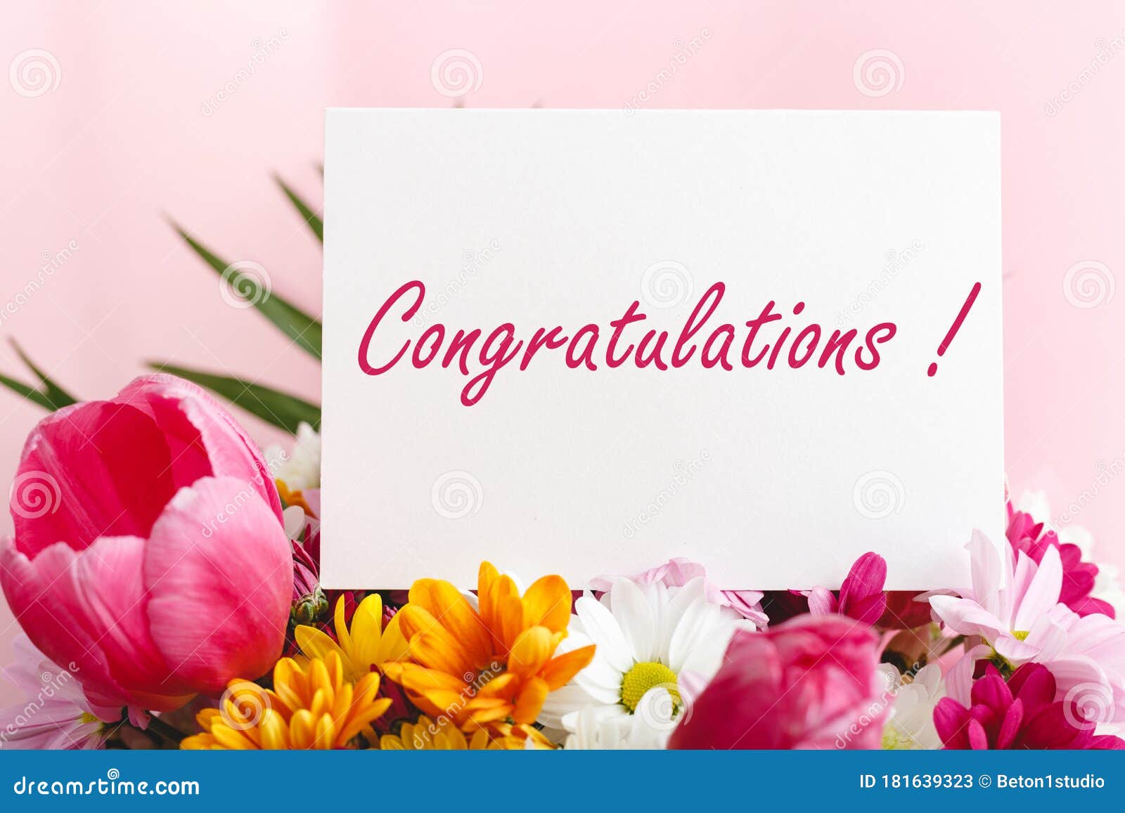Congratulations Text on Gift Card in Flowers Bouquet on Pink ...