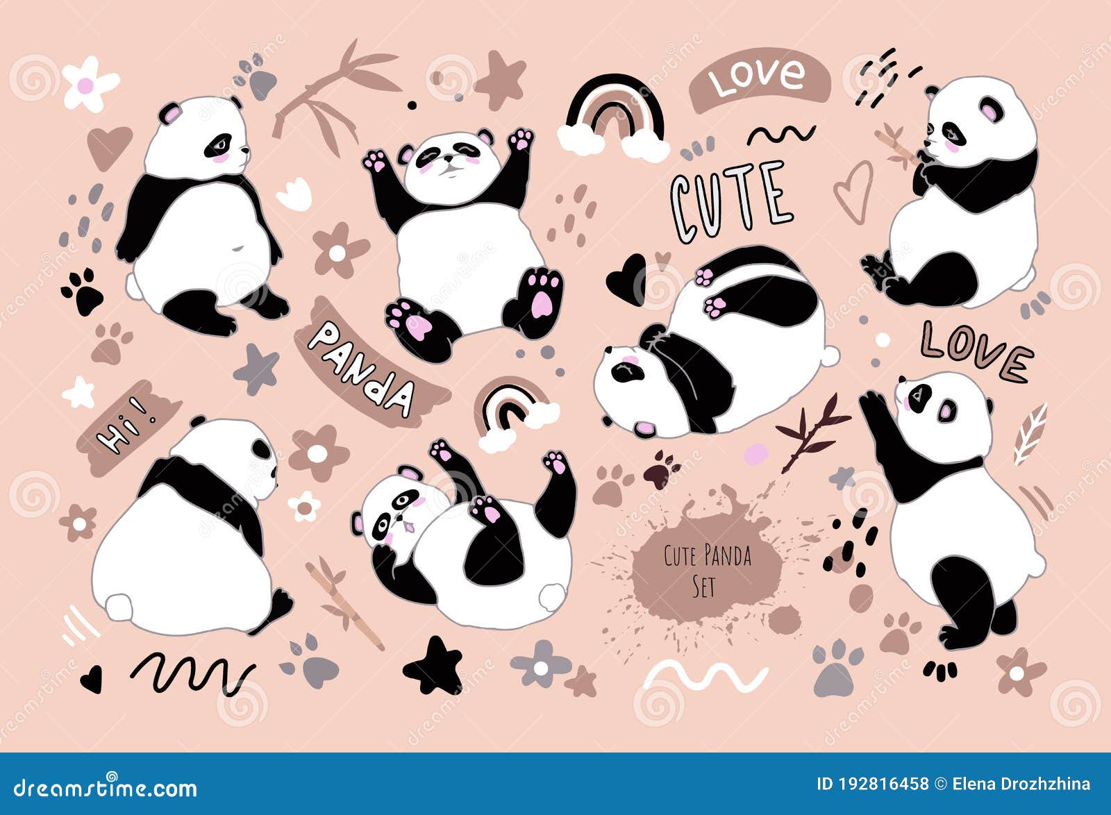 Conjunto Con Dibujos Animados Pandas Graciosos Frases Y Elementos Bonitos  Ilustración del Vector - Ilustración de coma, trazado: 192816458