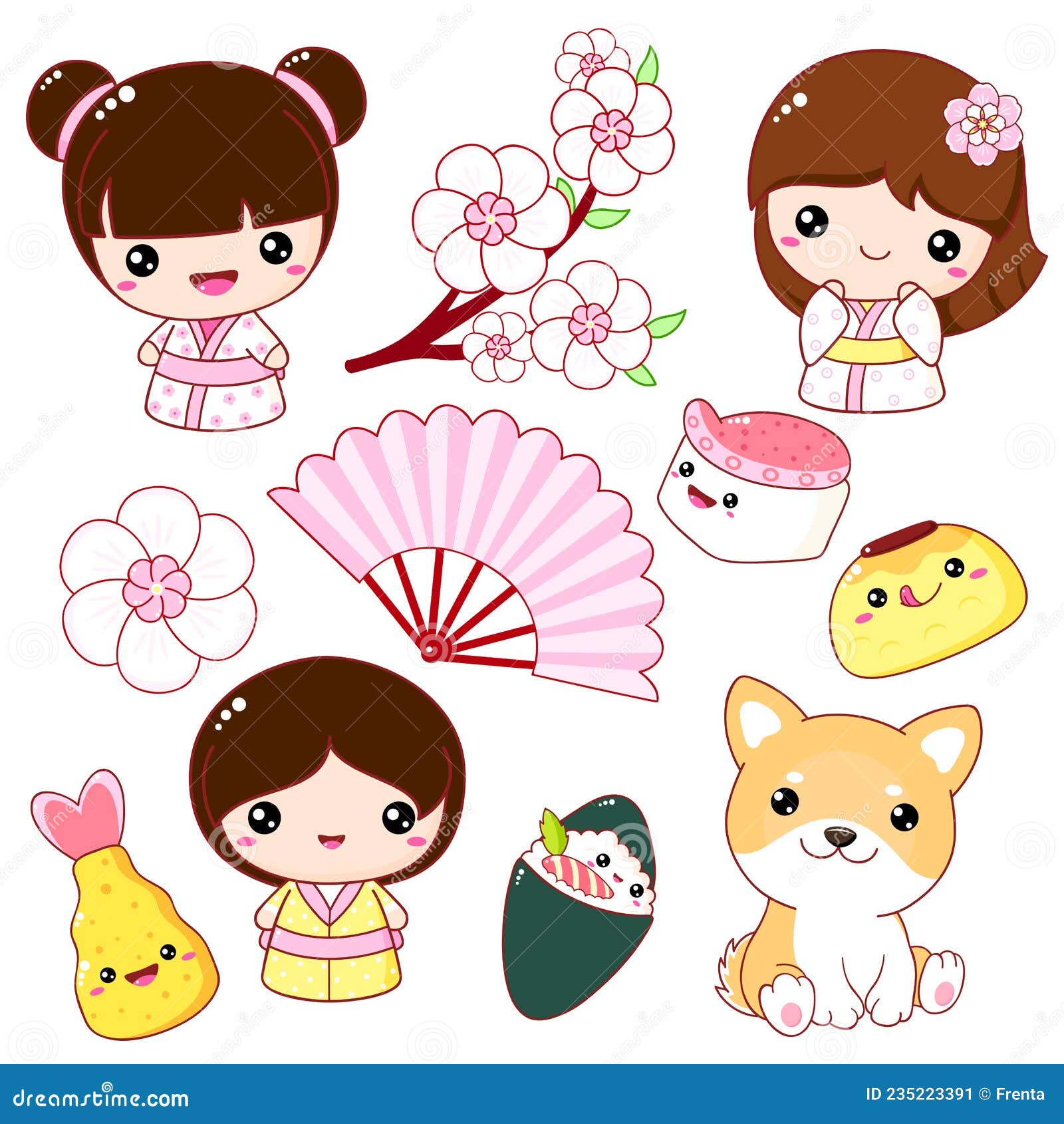 Conjunto De ícones Bonitos No Estilo Kawaii. Boneca Kokeshi Akita Inu  Cachorrinhos Sakura Ilustração do Vetor - Ilustração de fofofo, afortunado:  235223391