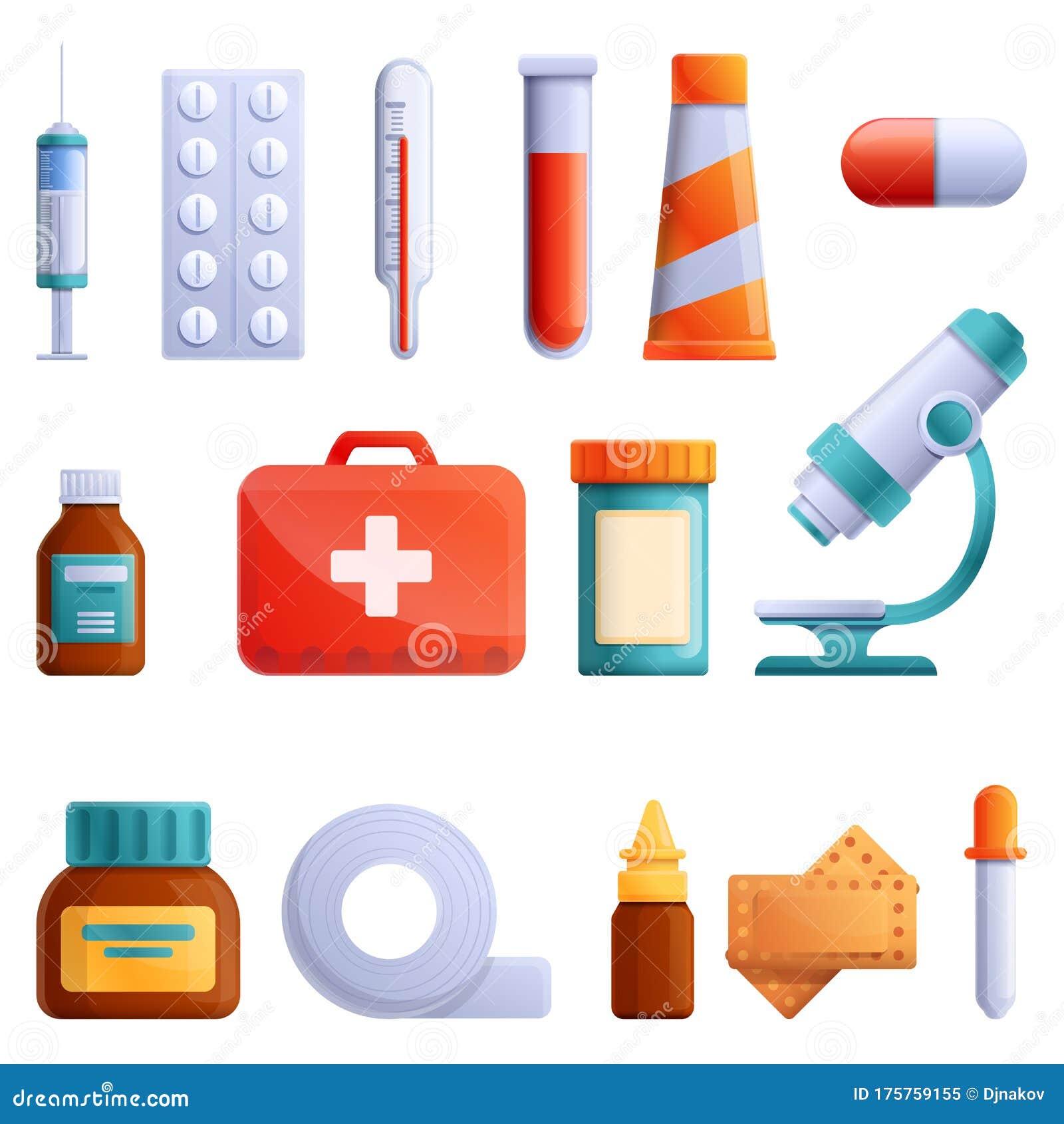Conjunto de ícones de medicamentos, estilo de desenho animado