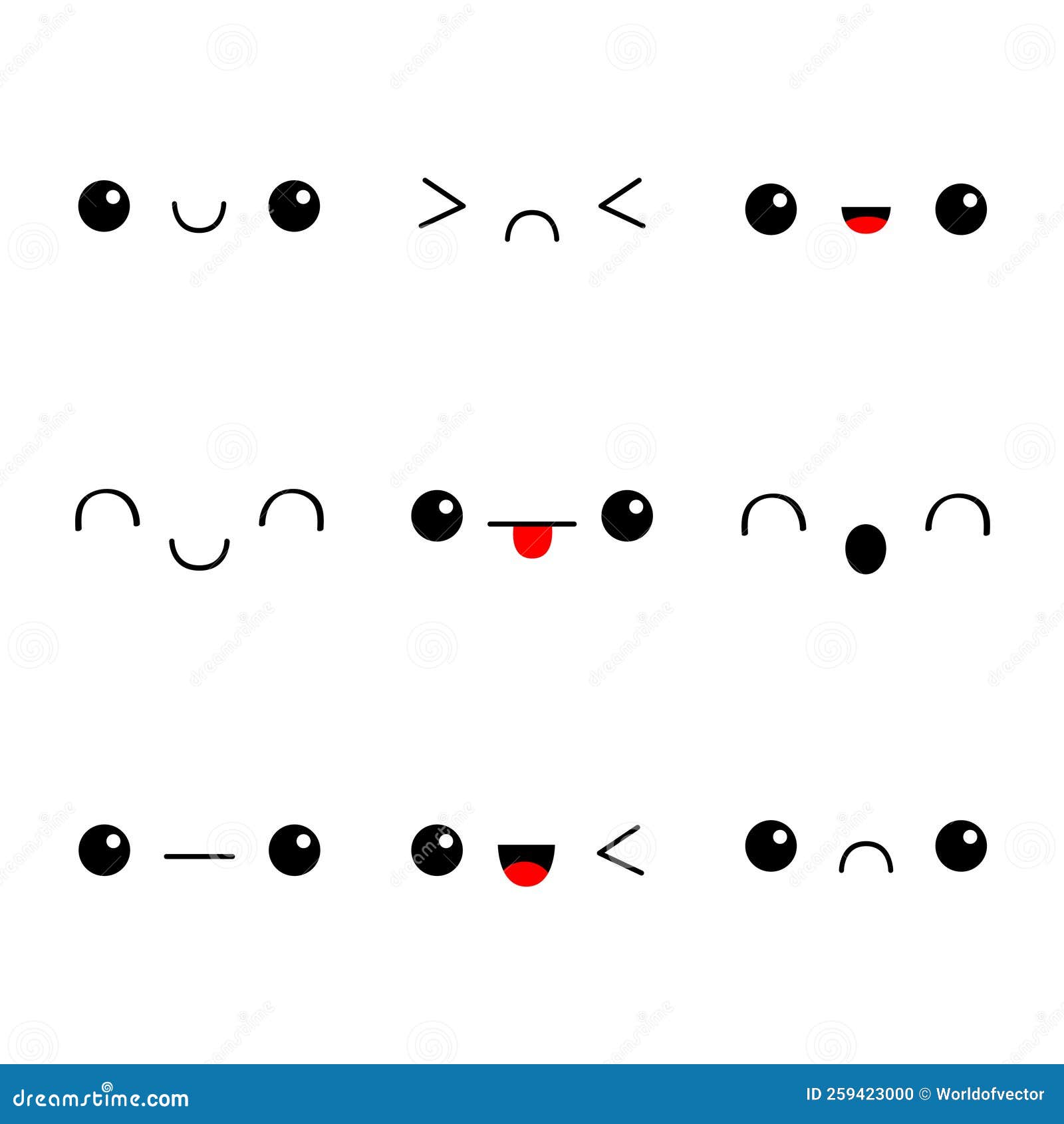 Desenhos animados kawaii olhos e bocas. emoji fofo emoji