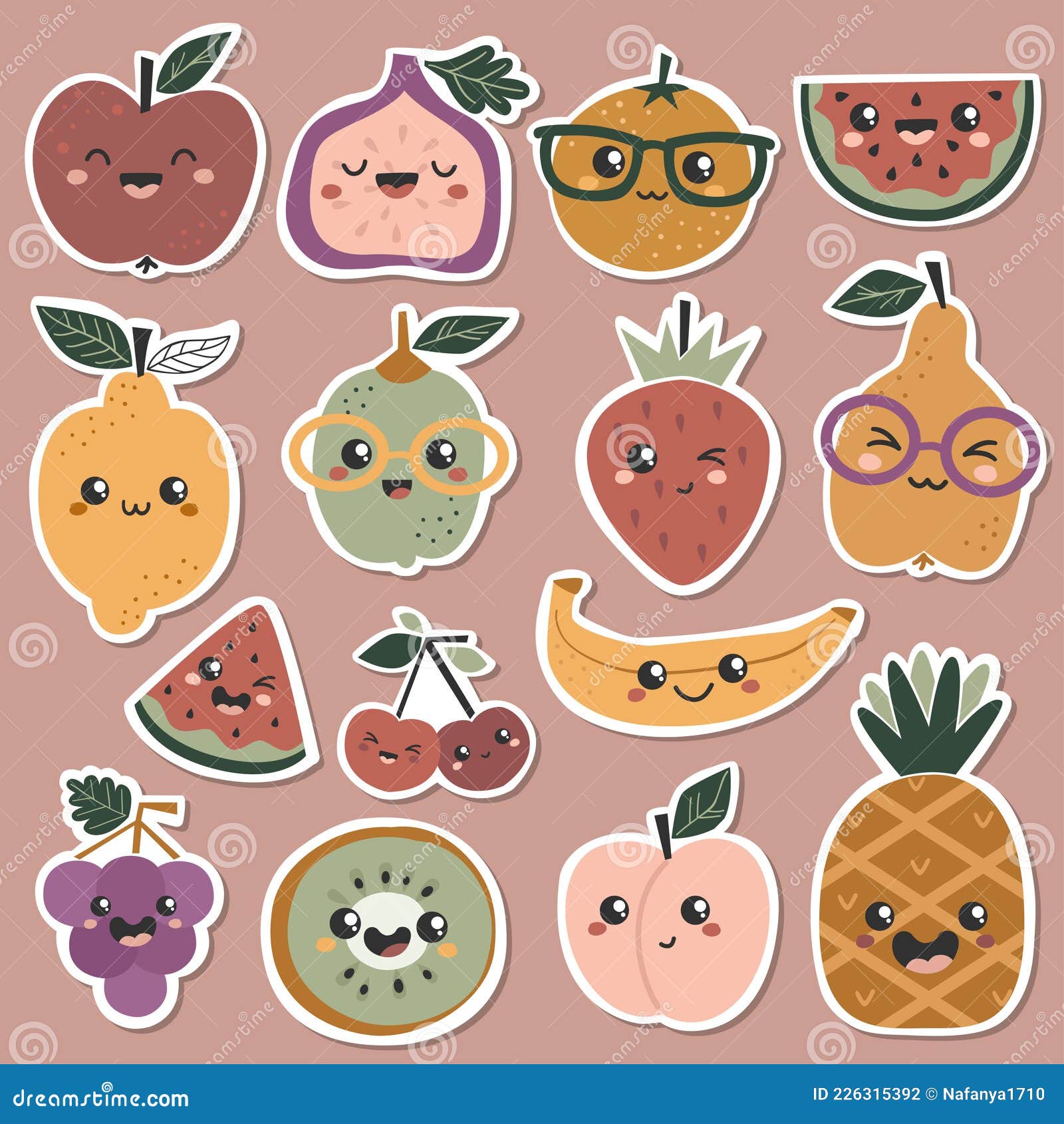 Conjunto De Adesivos Com Frutas Kawaii Fofas. Ilustração Stock