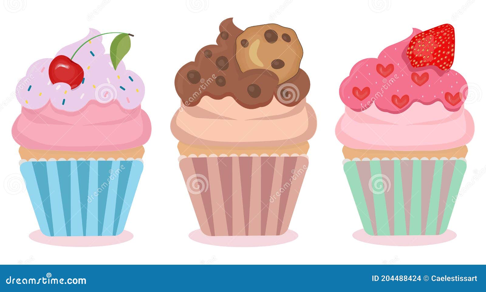 Conjunto De 3 Adorables Cupcake De Dibujos Animados Con Diferente  Decoración De Lujo. Colección De Cupcakes Con Cereza Chocolate C  Ilustración del Vector - Ilustración de torta, coma: 204488424