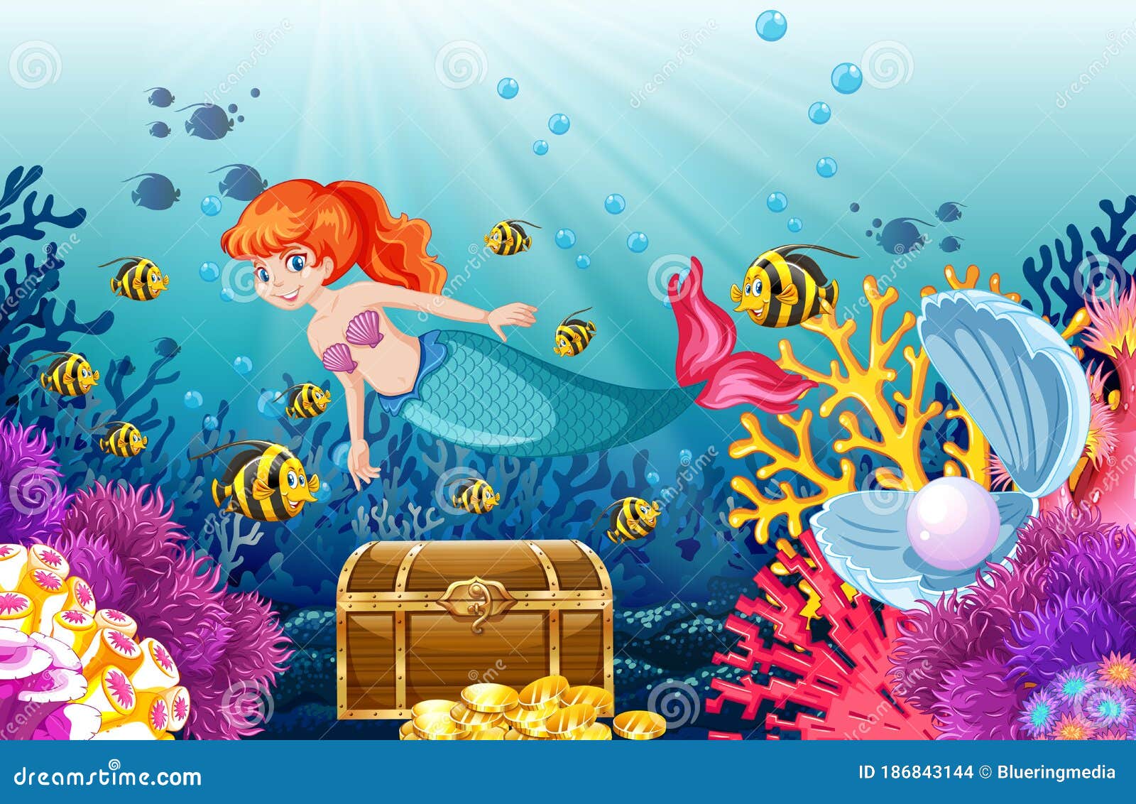 Conjunto De Animales Marinos Y Estilo De Dibujos Animados De Sirenas Sobre Fondo  Marino Ilustración del Vector - Ilustración de marina, coral: 186843144
