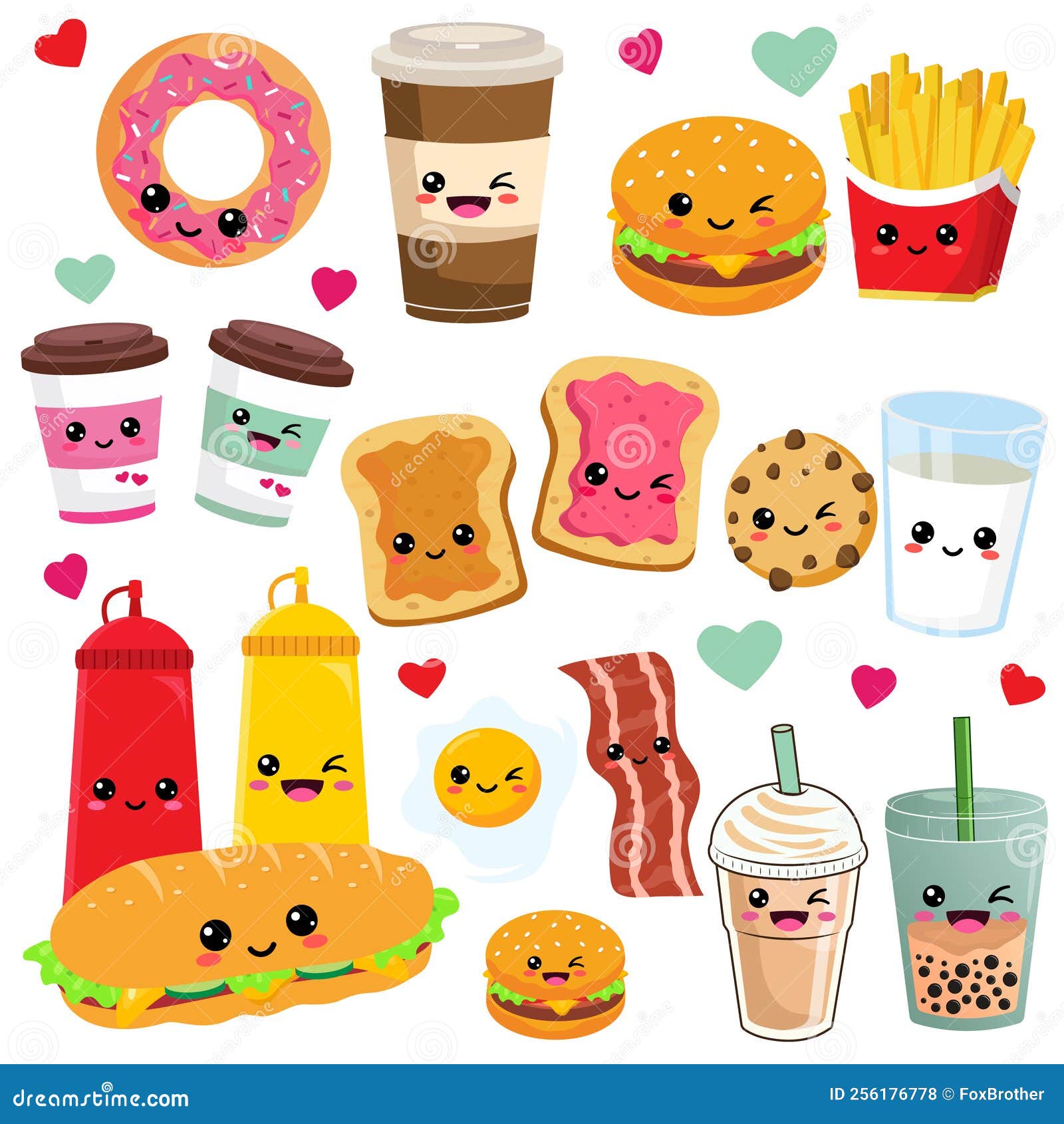 Vetores de Conjunto De Comidas E Bebidas Fofas Kawaii e mais