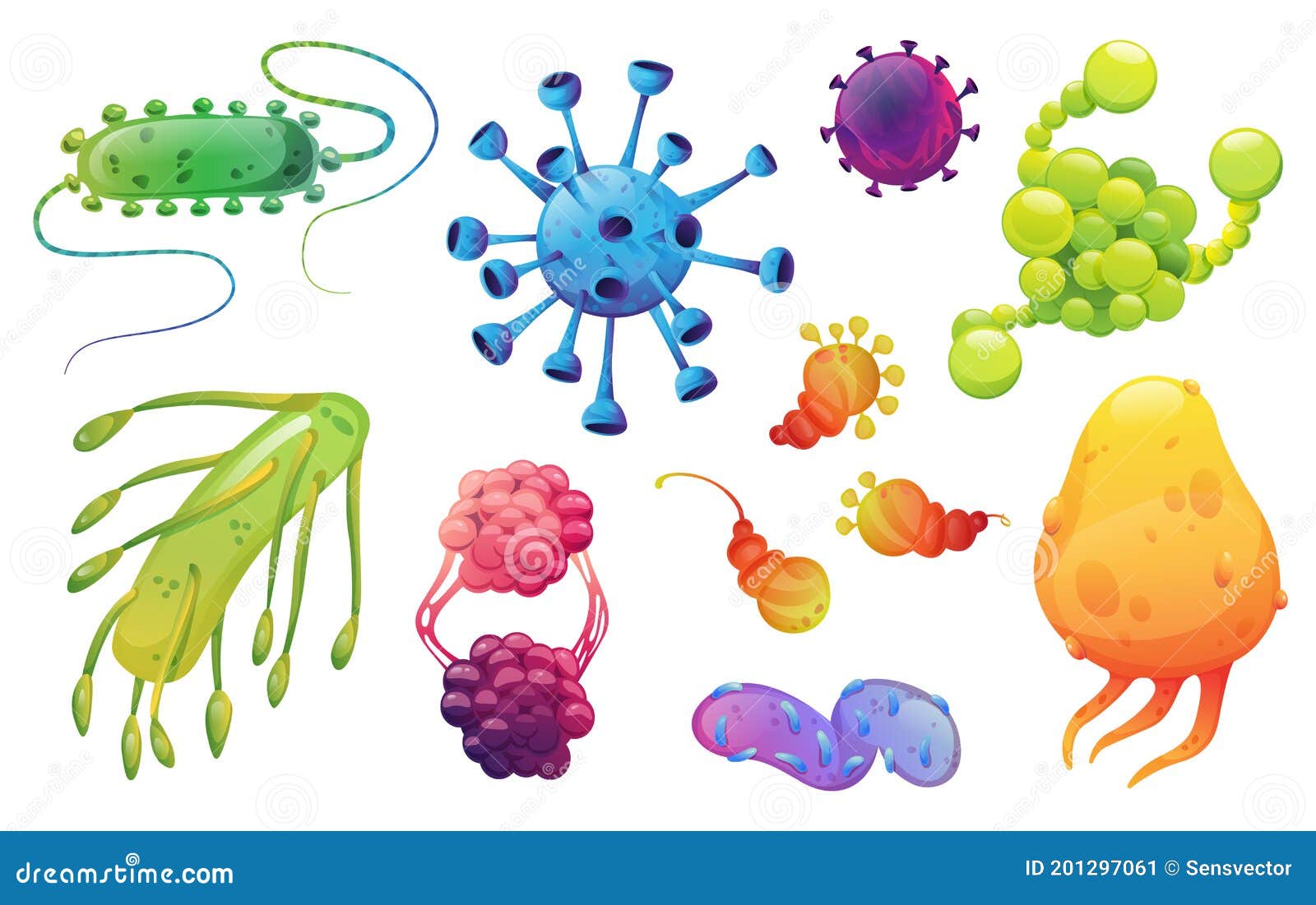 Conjunto de vírus e bactérias fofos de desenho animado isolado no