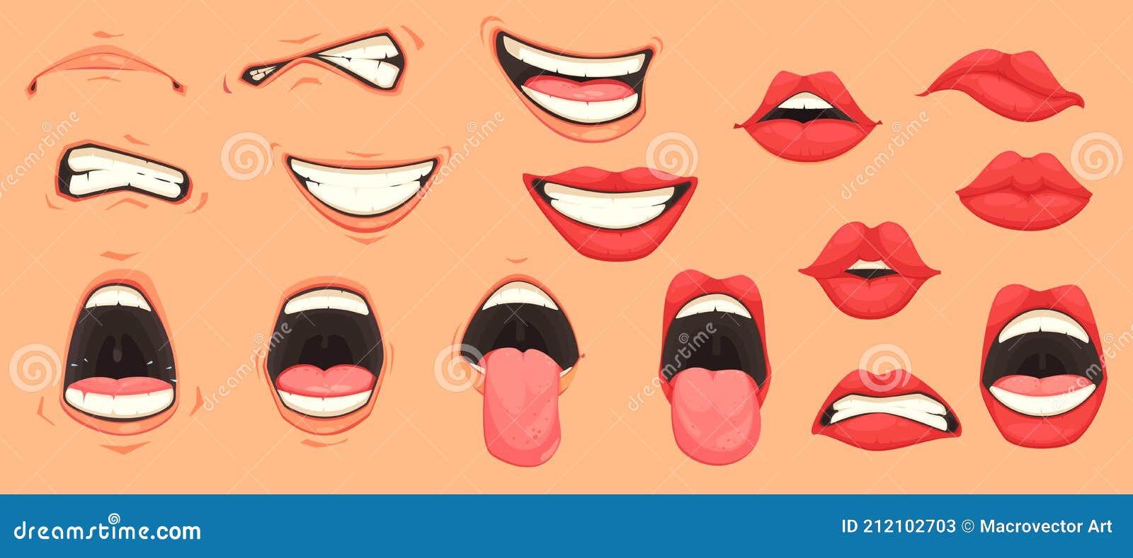 Várias opções de boca aberta com lábios, língua e dentes. bocas de desenho  animado com diferentes expressões. sorria com os dentes, a língua de fora,  surpreso. desenho animado