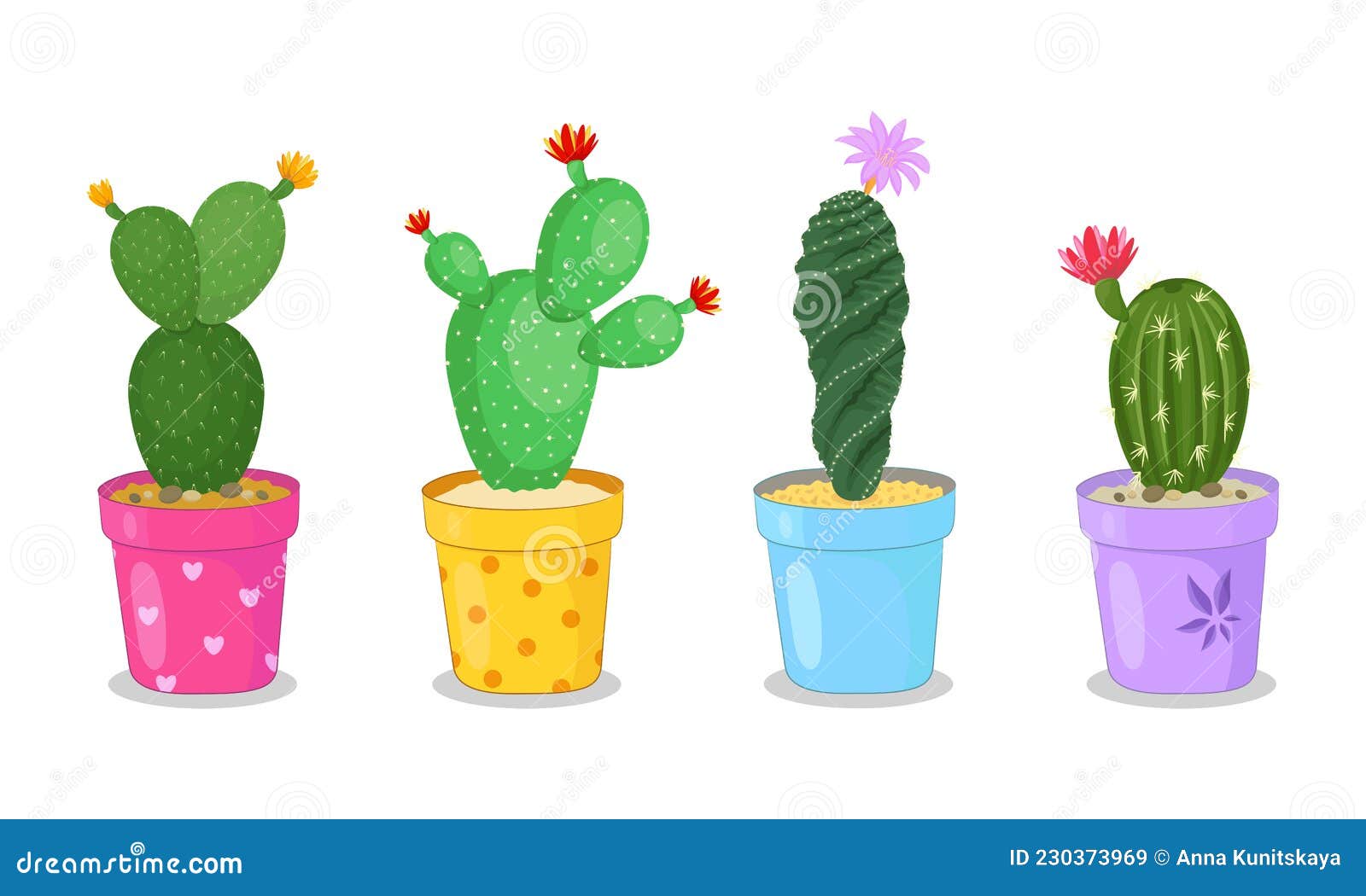 Conjunto de cactos em estilo simples de desenho animado isolado no