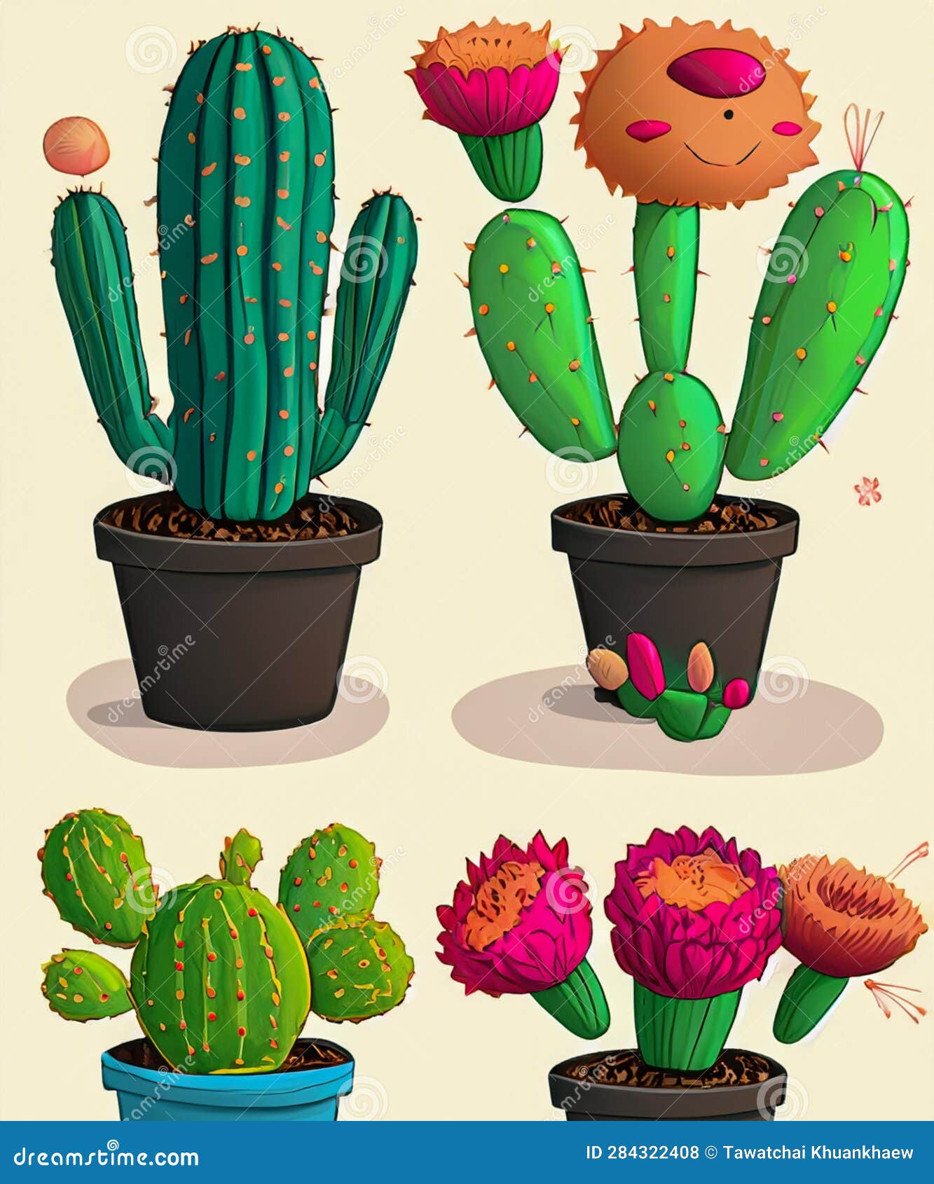 Conjunto de cactos em estilo simples de desenho animado isolado no fundo  branco. cactus em vasos e flores. cacto